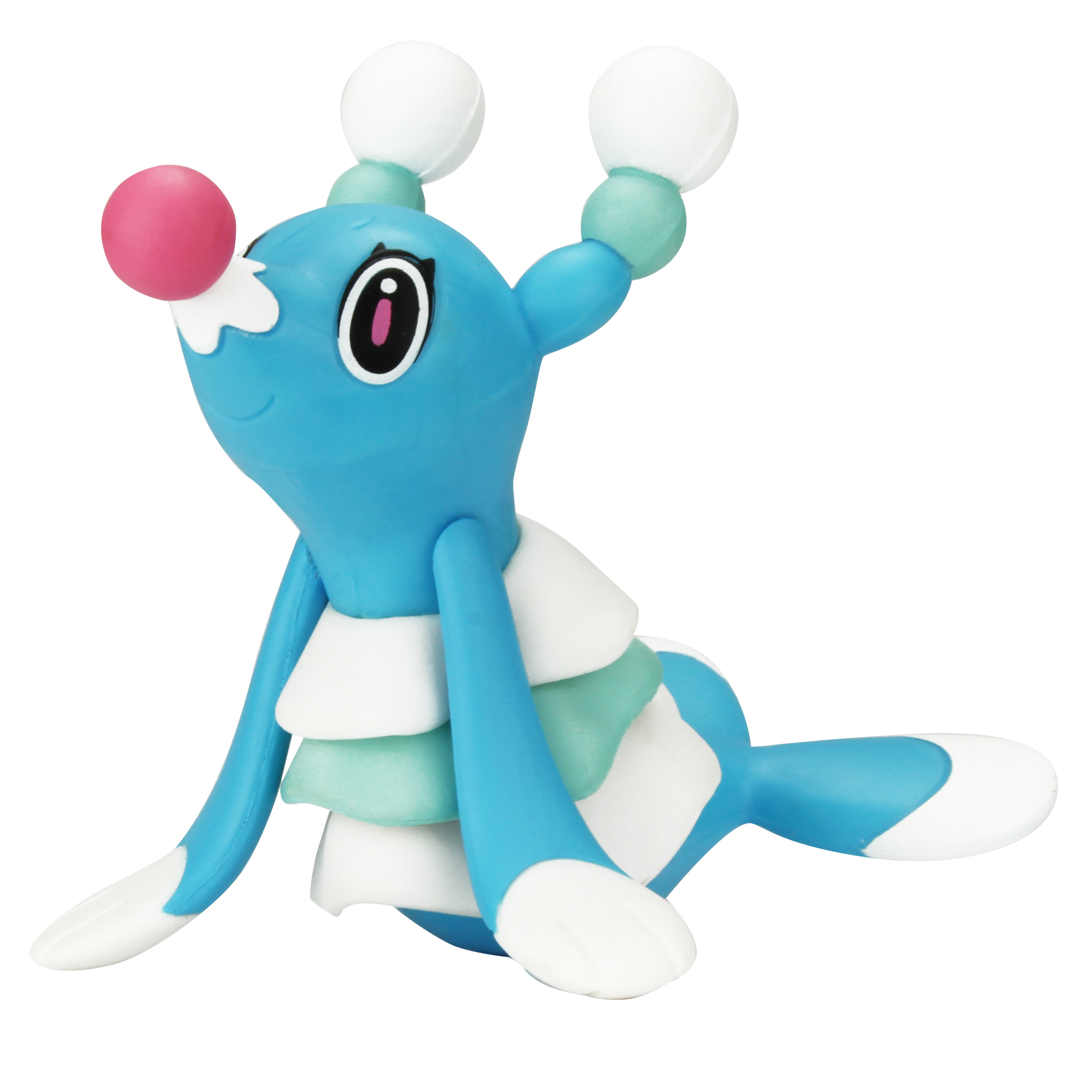 Eine blaue und weiße Spielzeug-Pokémon-Figur eines seehundartigen Wesens mit weißen Flecken und rosa Nase.