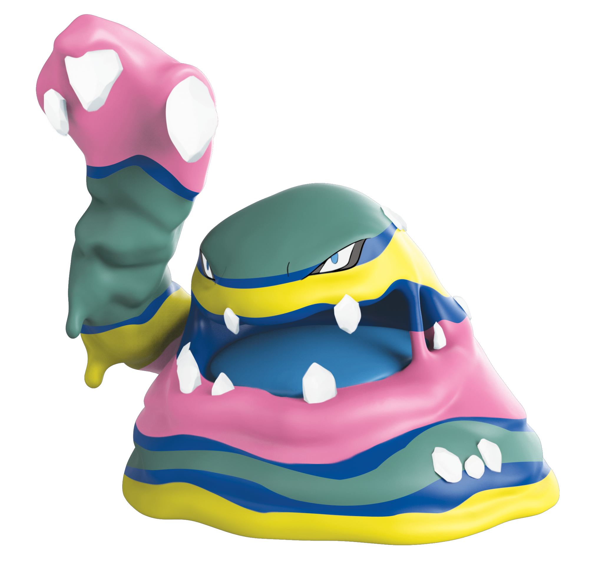 Ein farbenfrohes, cartoonartiges Monster mit rosa, blauen, gelben und grünen Schichten.