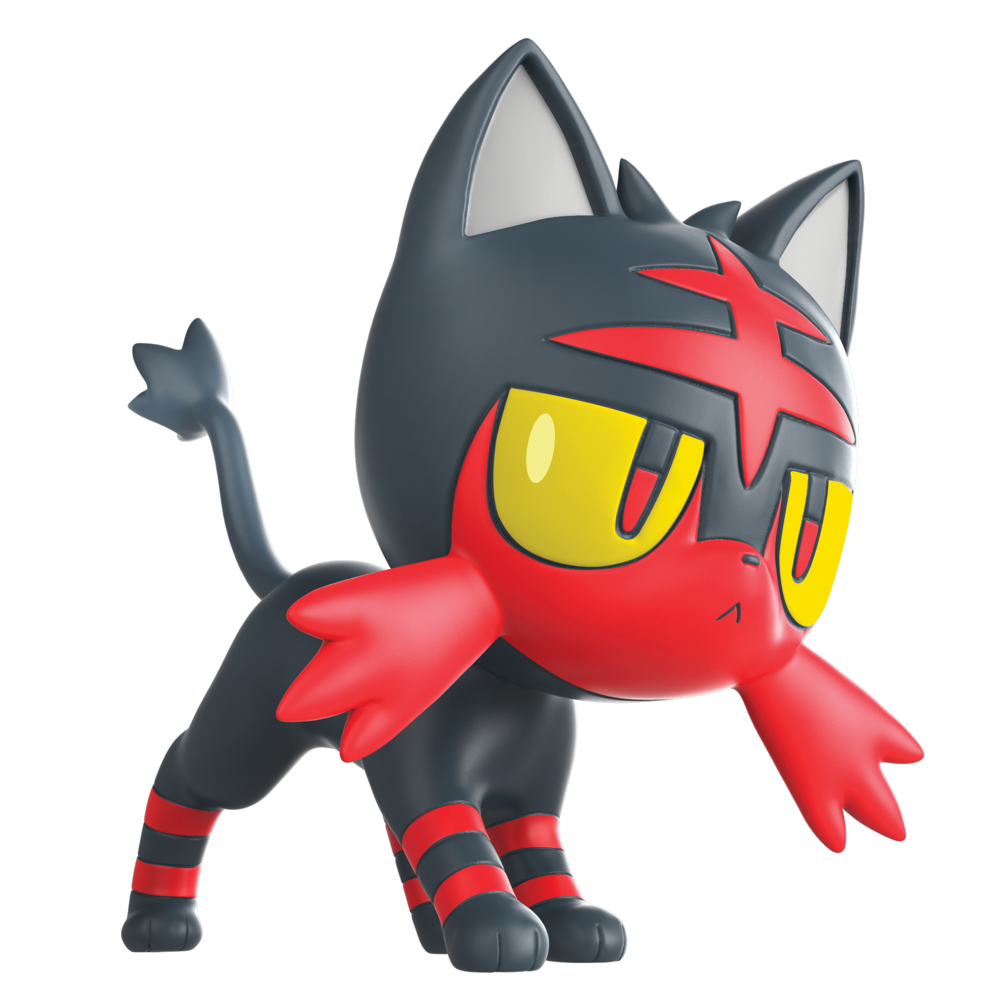 Eine Litten-Spielfigur in dynamischer Pose, mit schwarzen, roten und gelben Farben.