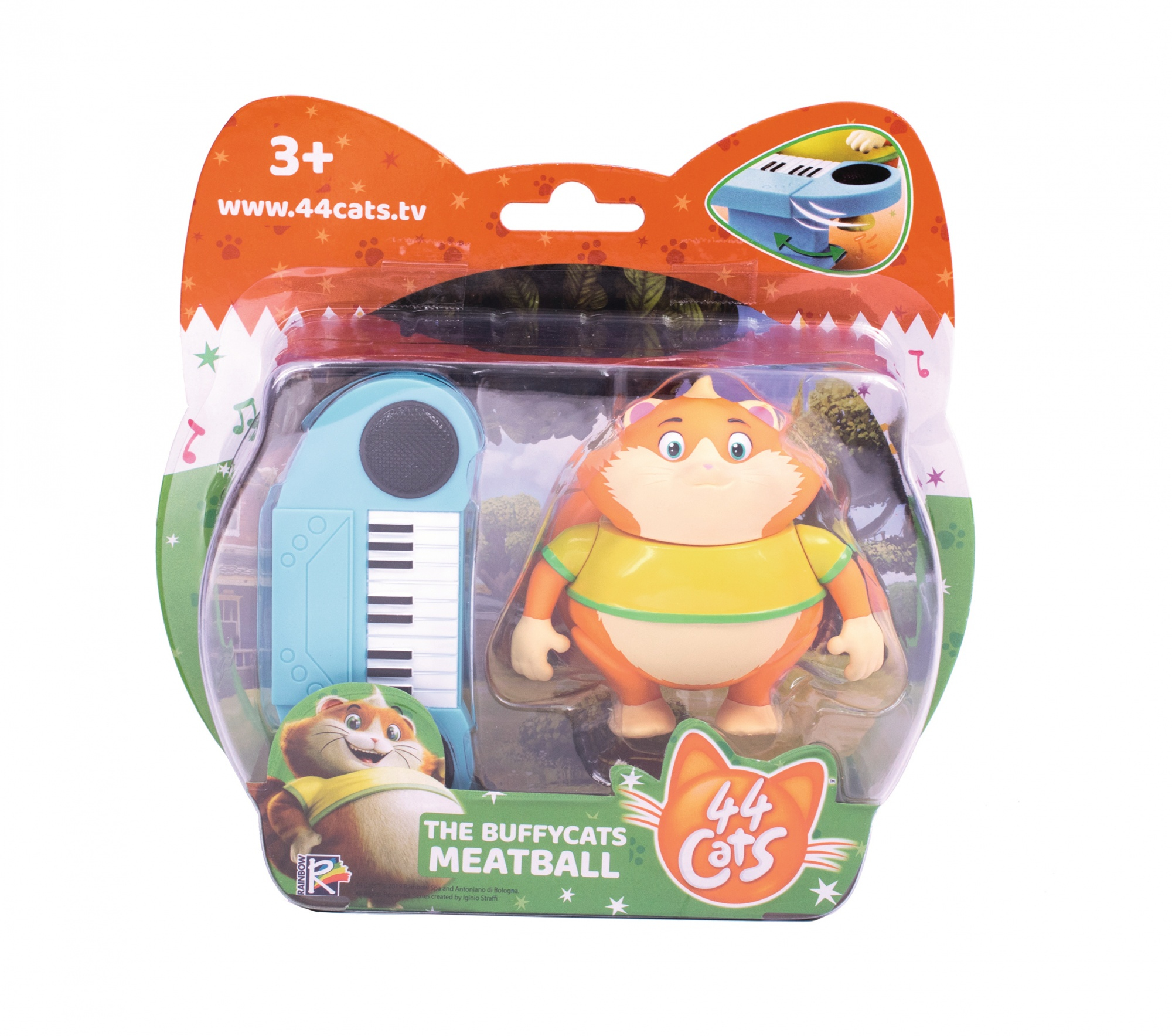 Eine Spielfigur einer Katze mit einem Klavier. Die Verpackung hat ein Cartoon-Bild.