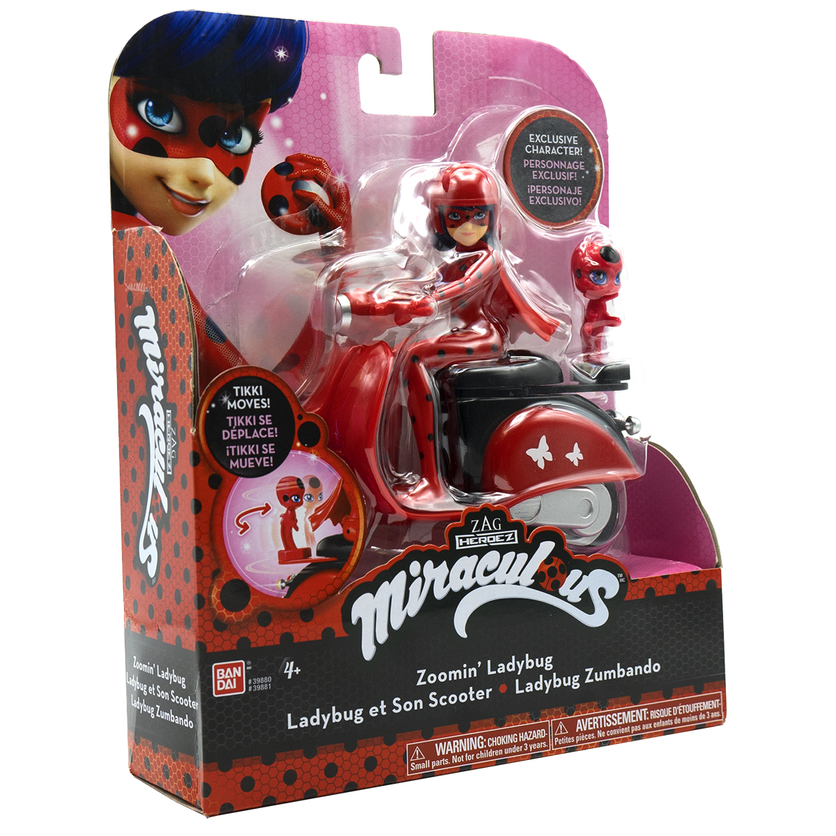 Zabawka Ladybug w pudełku z lalką na skuterze. Pudełko ma kreskówkowy wizerunek Biedronki.