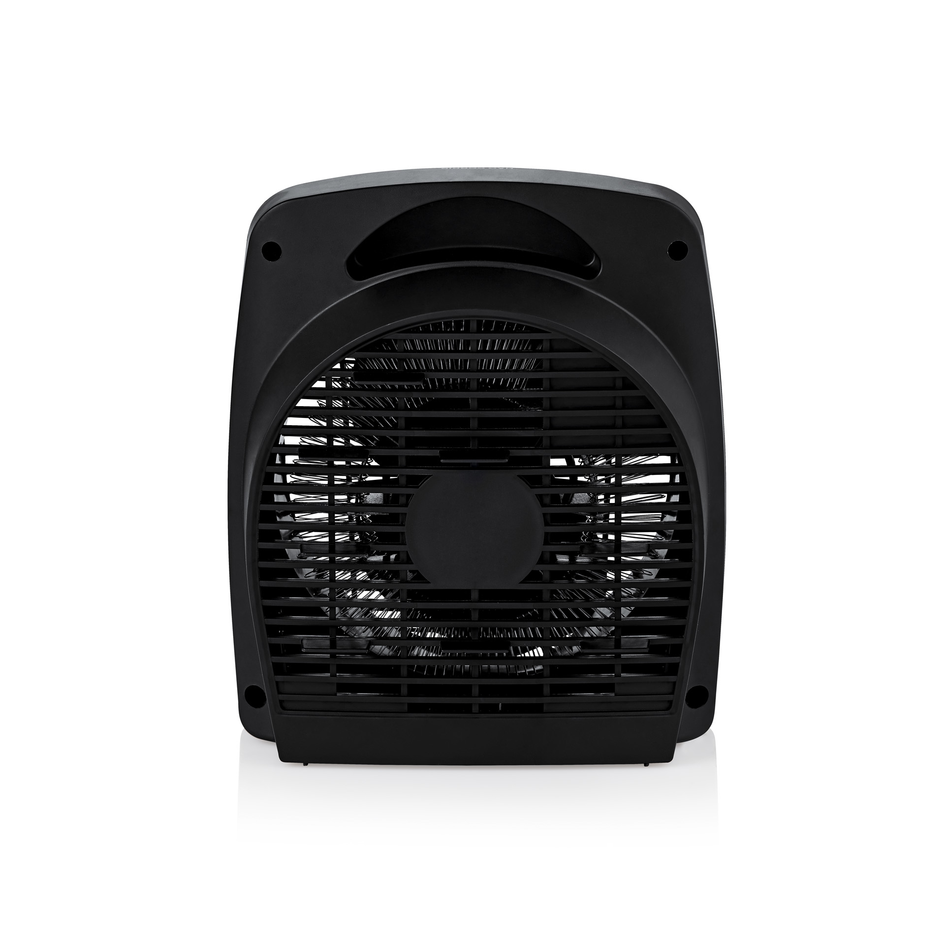 Calentador eléctrico negro con ventilador visible, sobre fondo blanco, visto desde atrás.