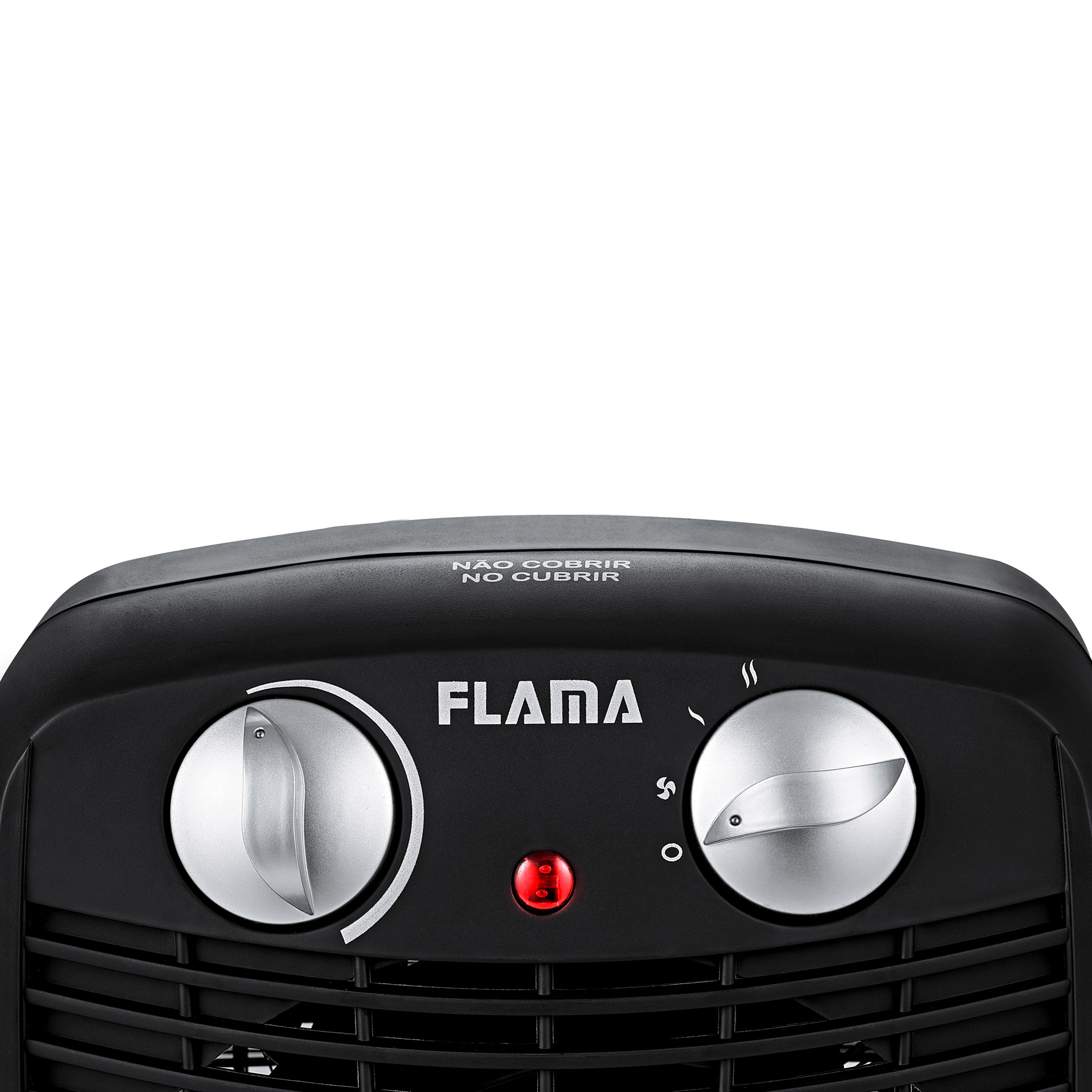 Calentador eléctrico negro con dos diales, luz roja y logo 'FLAMA', sobre fondo blanco.