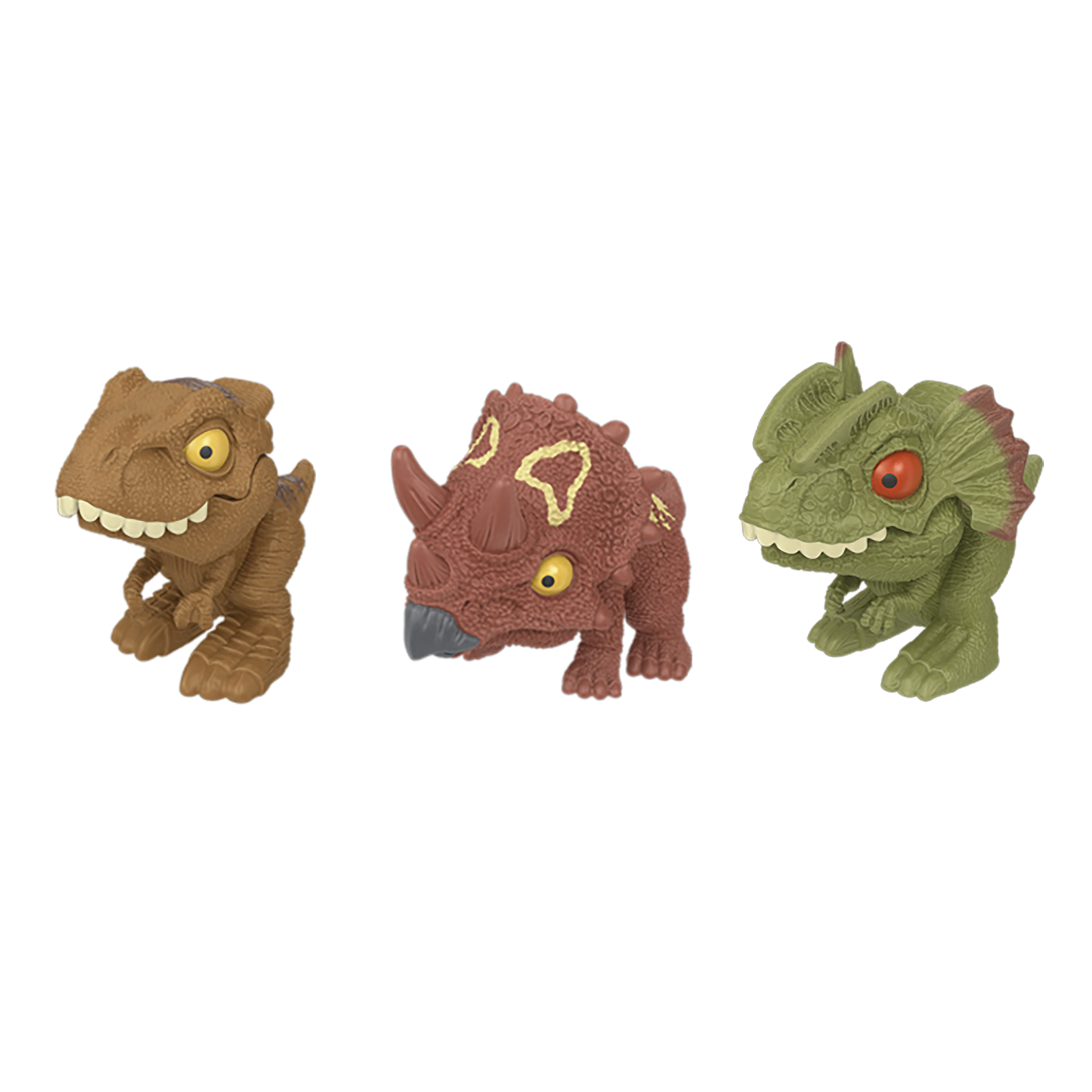 Tres pequeños dinosaurios de juguete, uno marrón, uno rojo y amarillo, y uno verde.