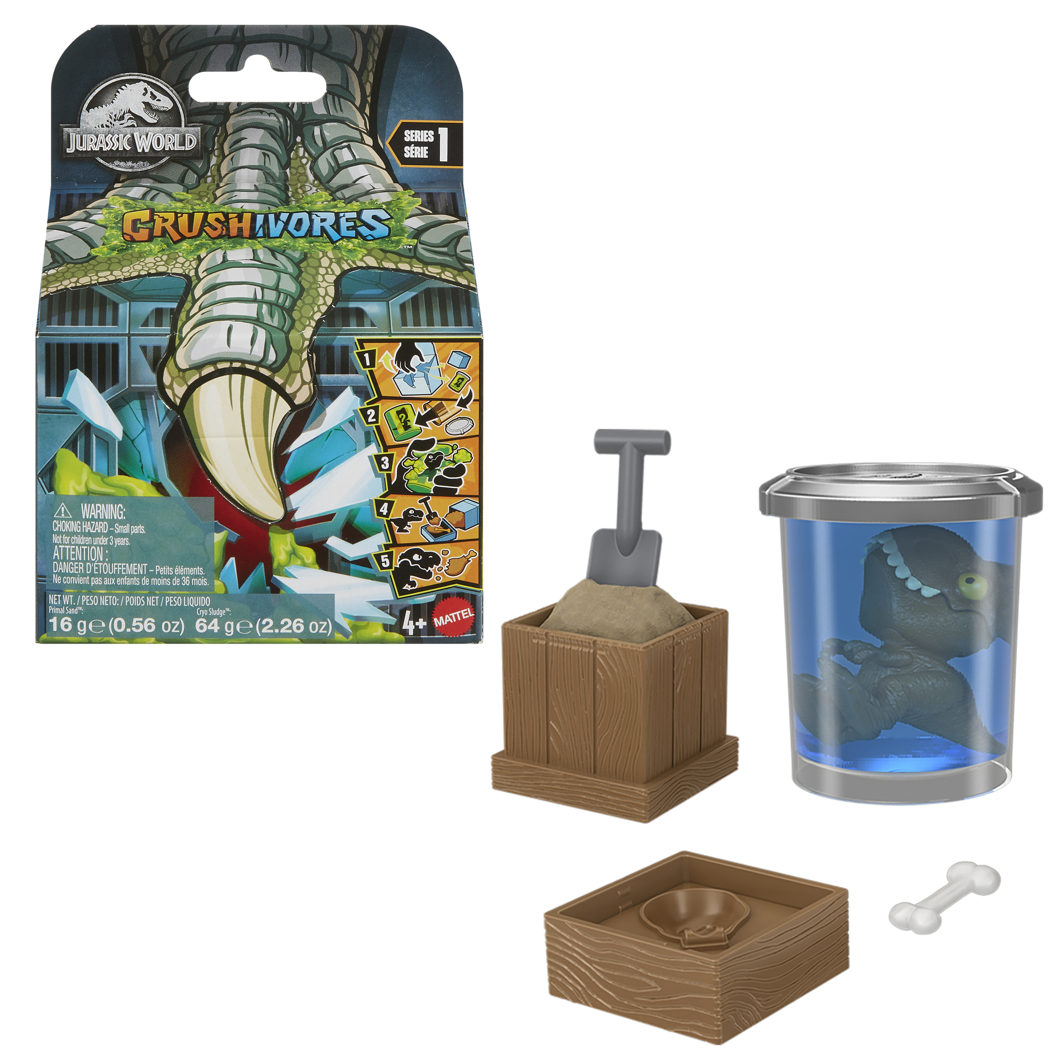 Set de juguetes Jurassic World Crushivores con dinosaurio y accesorios.