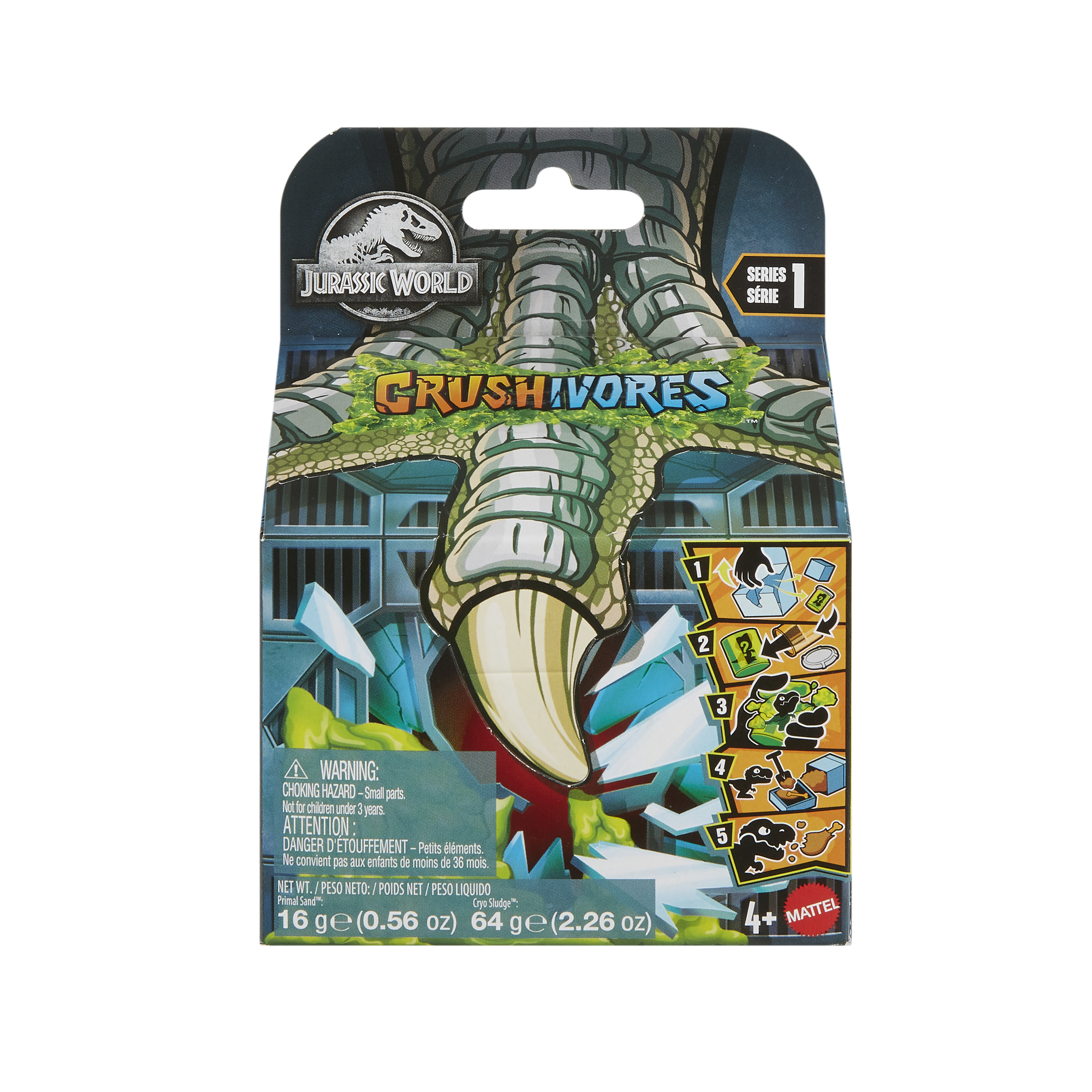 Embalaje del juguete Jurassic World Crushivores con una ilustración de garra de dinosaurio.