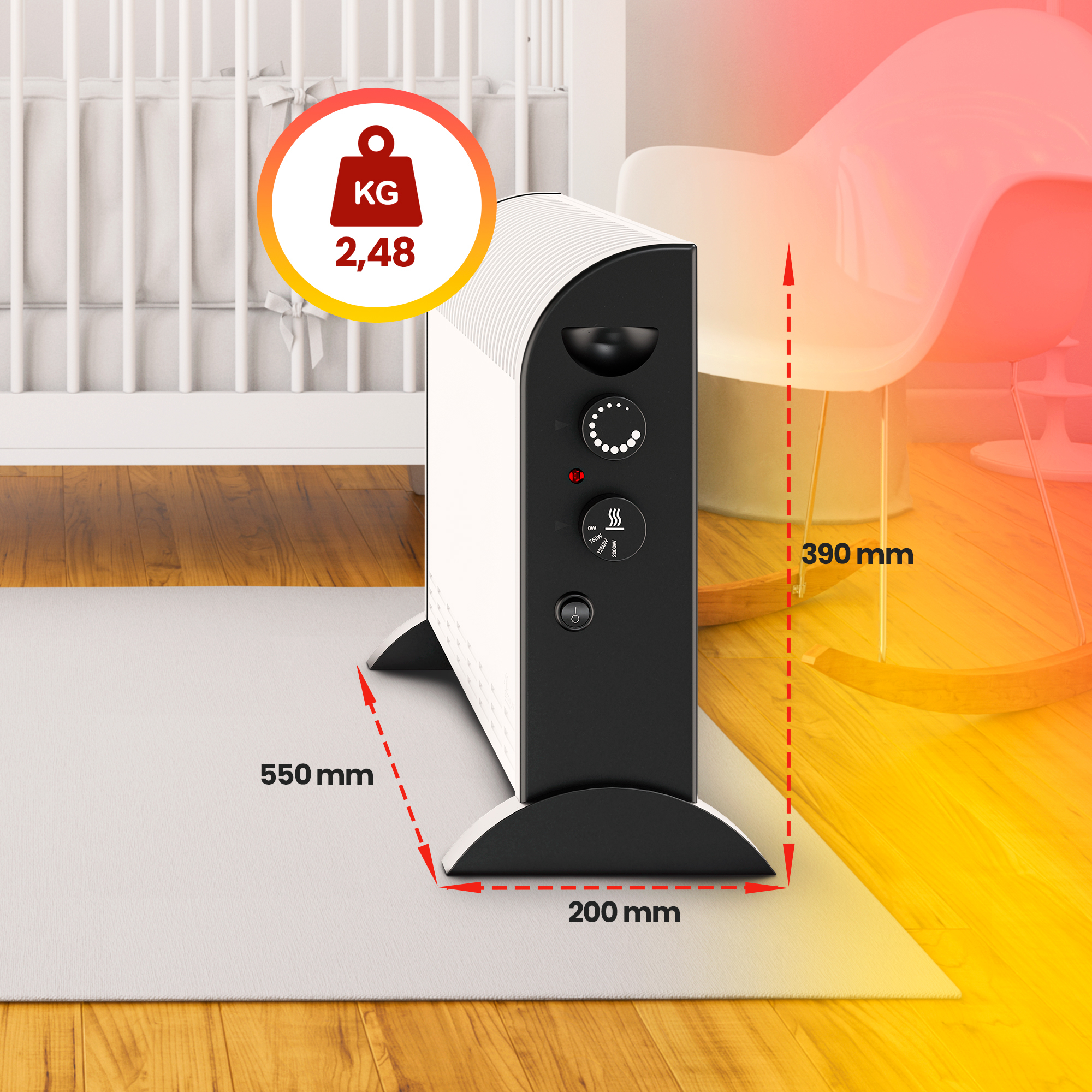 Biało-czarny grzejnik z zaznaczonymi wymiarami i etykietą wagi, obok łóżeczka dziecięcego.