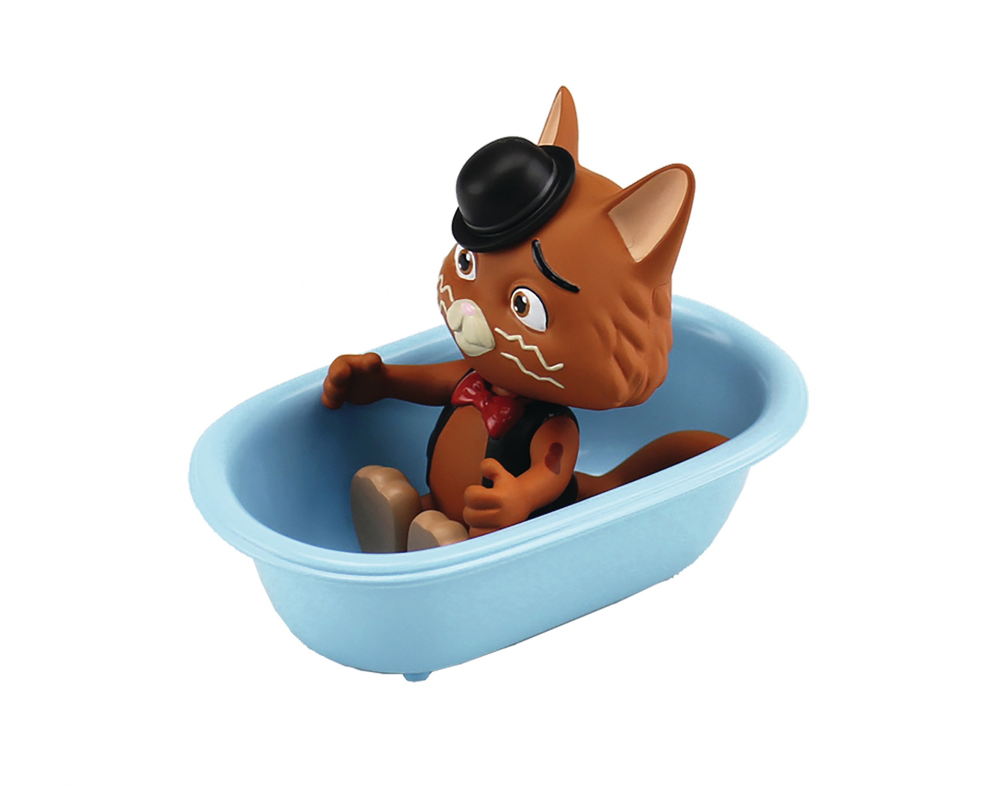 Gatto dei cartoni animati in una vasca da bagno blu, con bombetta e papillon.