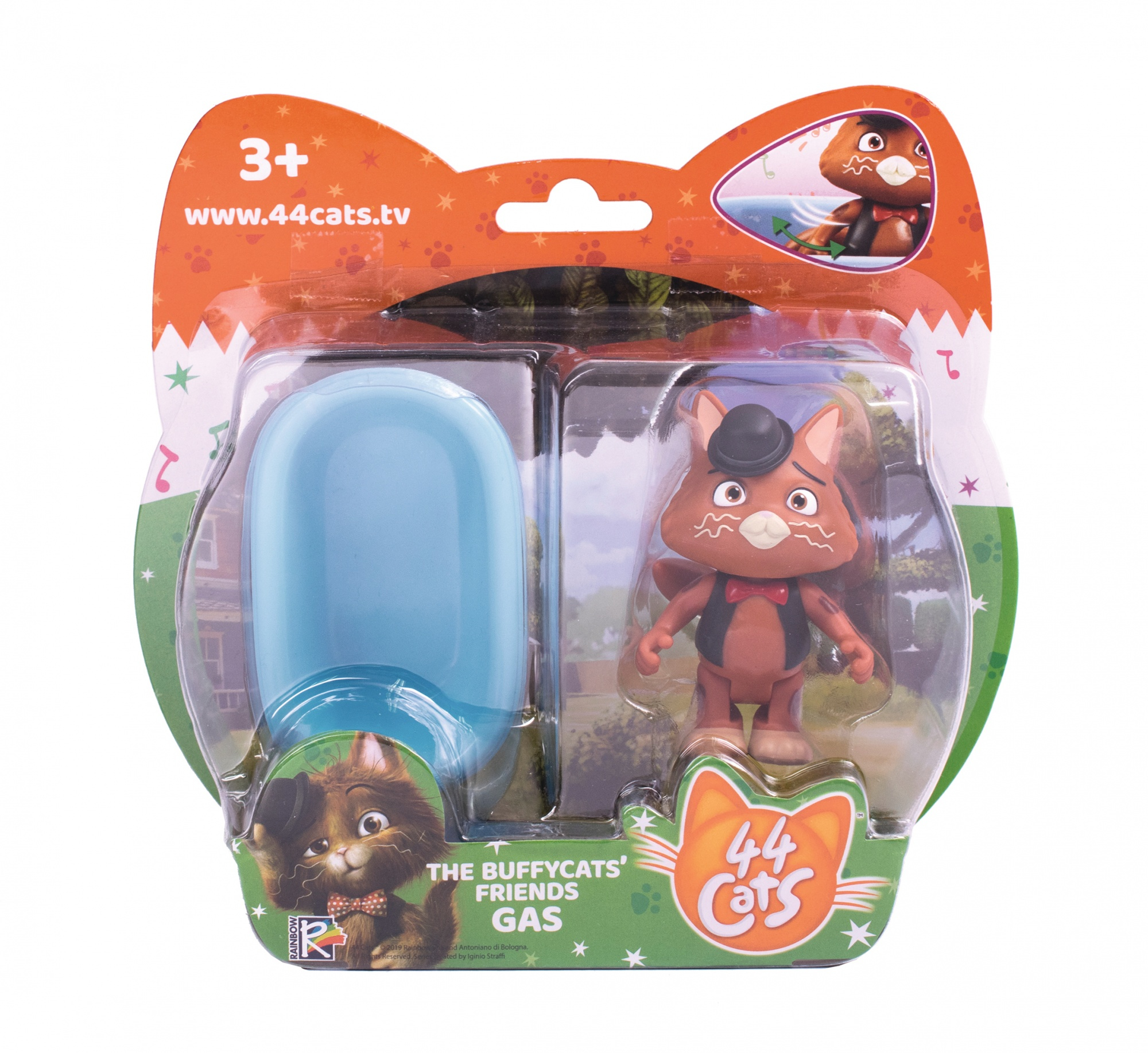 Set di giocattoli con una figura di gatto in smoking. La confezione include una capsula blu e un'immagine di gatto.