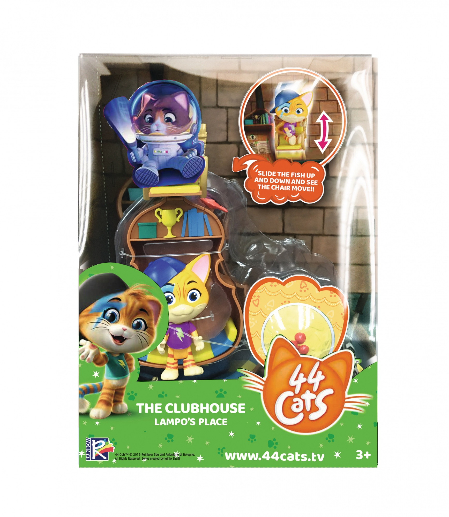 44 Cats Spielzeugset in einer Box, mit Figuren und Clubhouse-Elementen.