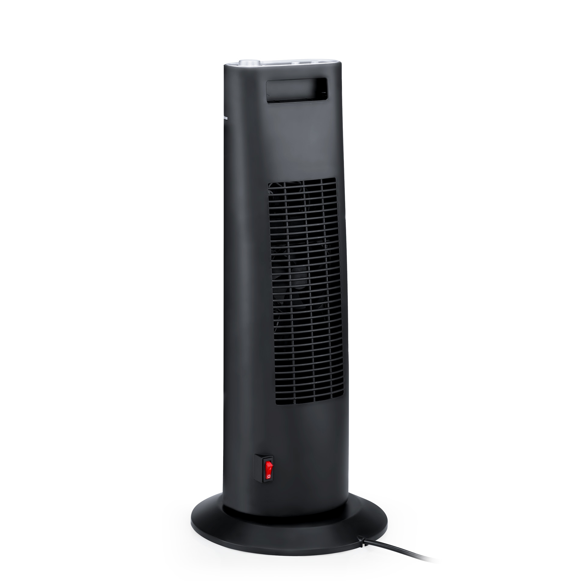 Ventilatore a torre nero con interruttore rosso. Ha una base rotonda e fessure verticali.