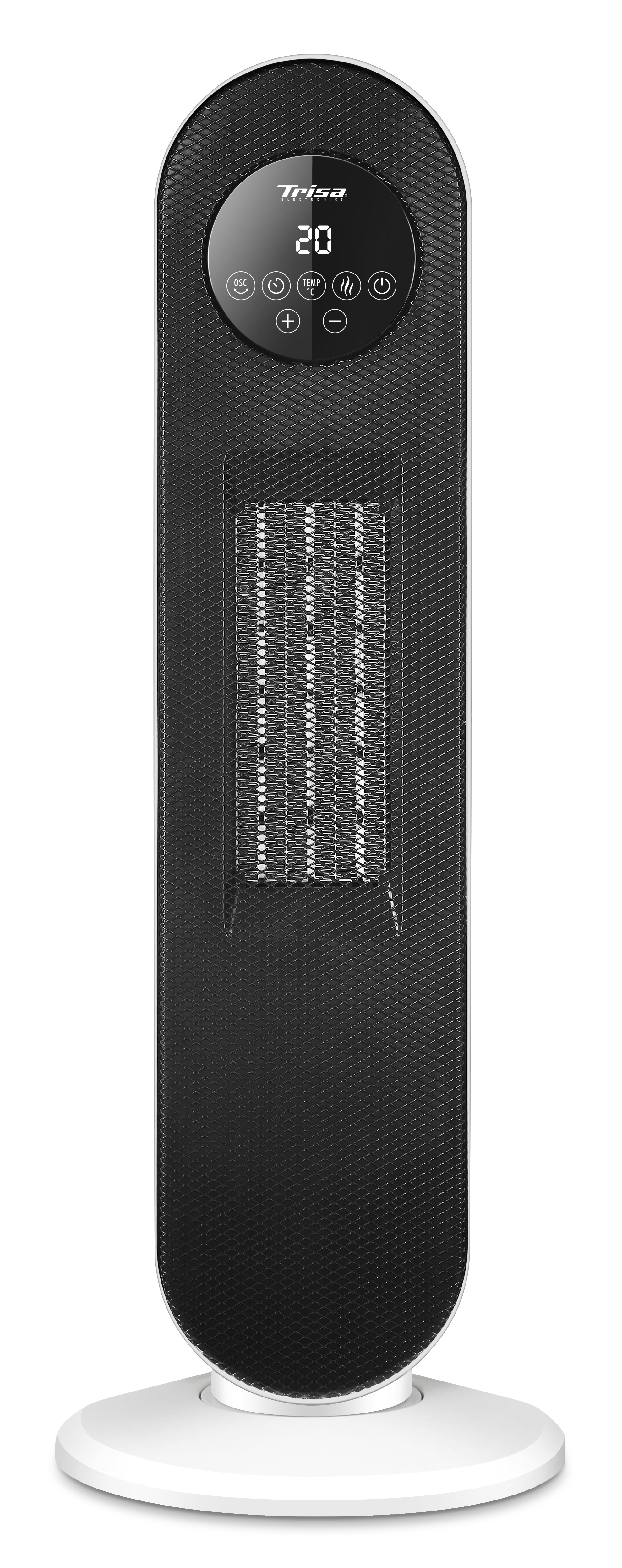 Ein vertikaler schwarz-weißer Keramikheizer mit Digitalanzeige und Bedientasten.