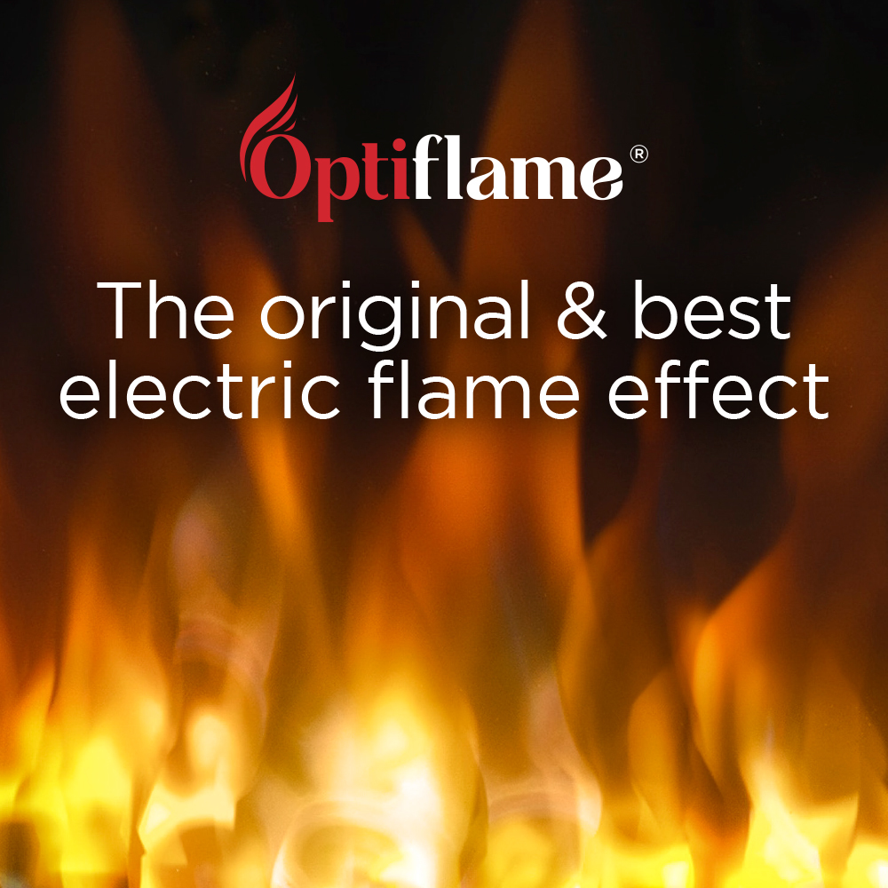 Optiflame-logo met vlamafbeelding. Tekst: Het originele en beste elektrische vlameffect.