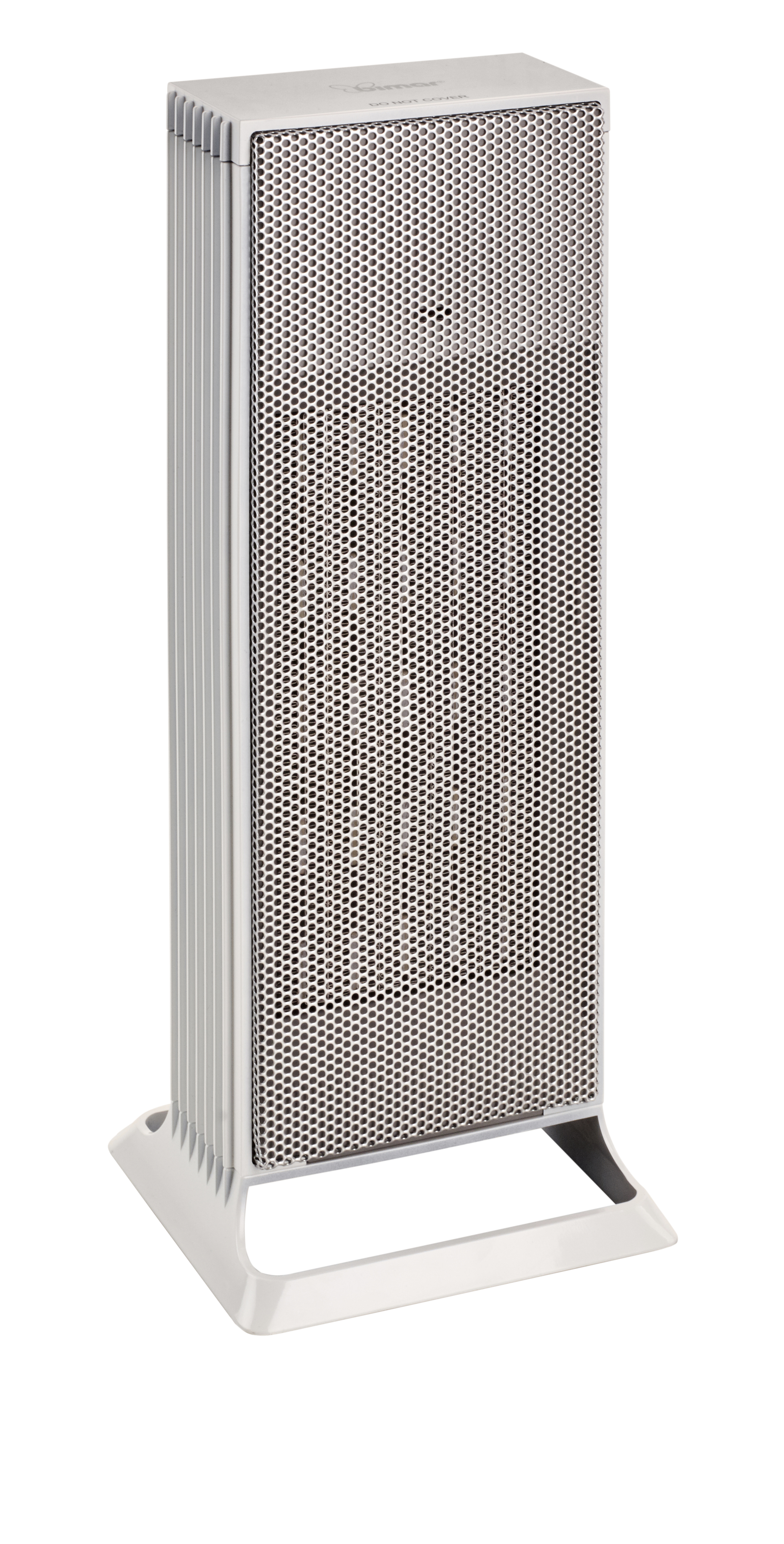 Biały, wysoki grzejnik elektryczny z siatkowym przodem.