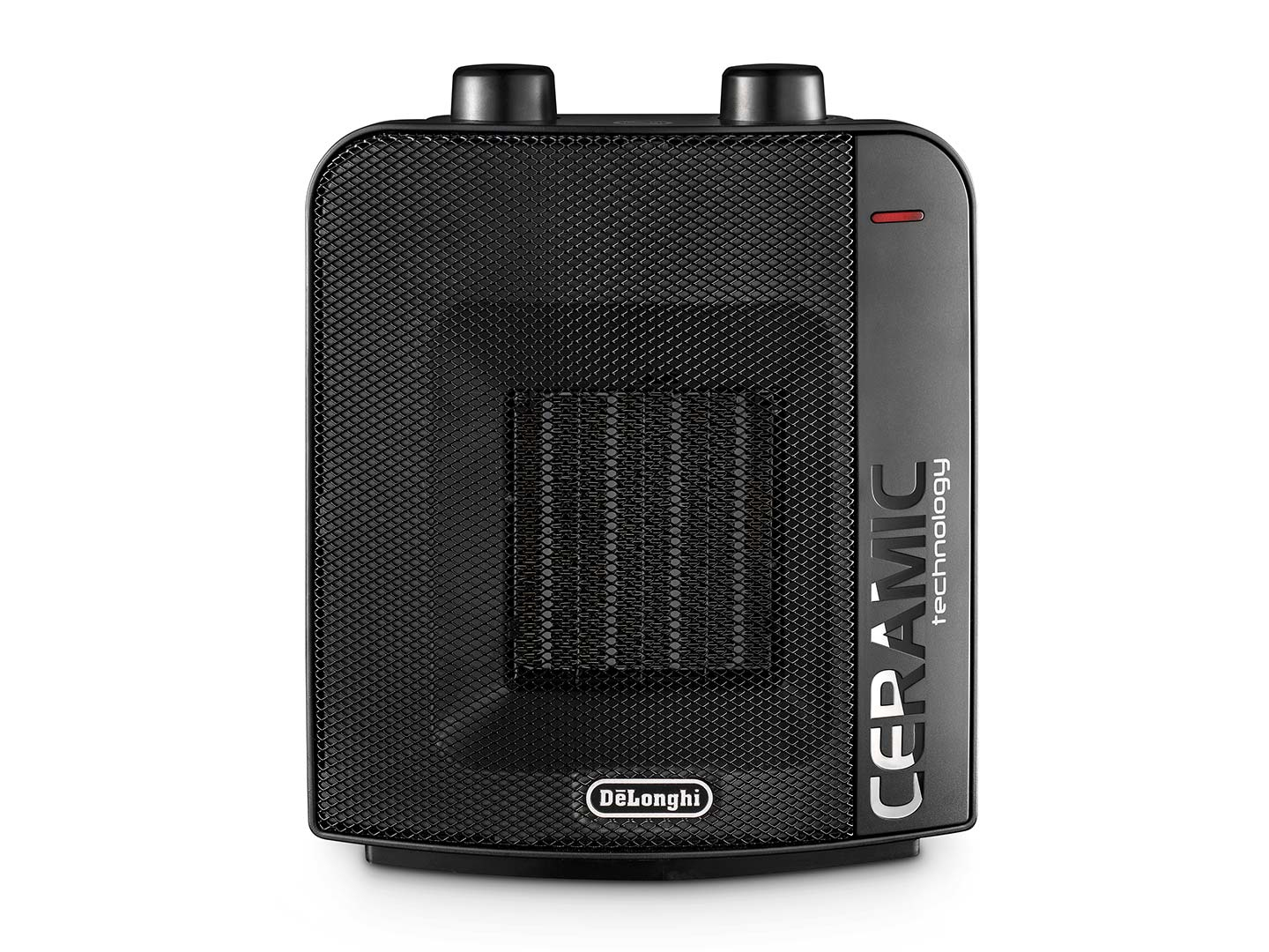 Czarny grzejnik ceramiczny z przednim grillem na białym tle.