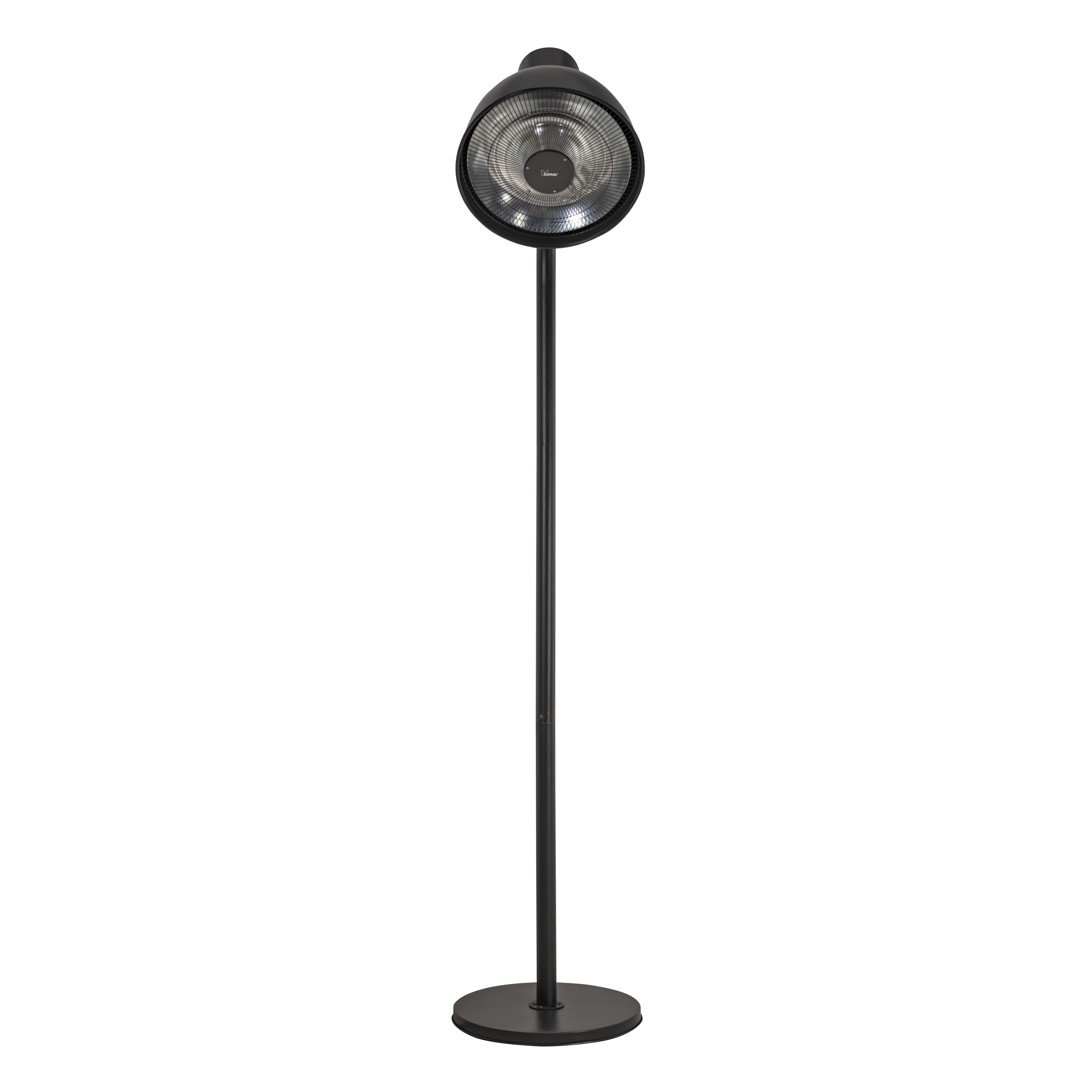 Riscaldatore da esterno nero, a pavimento, con testa circolare. Ha una base rotonda e un palo lungo e sottile.