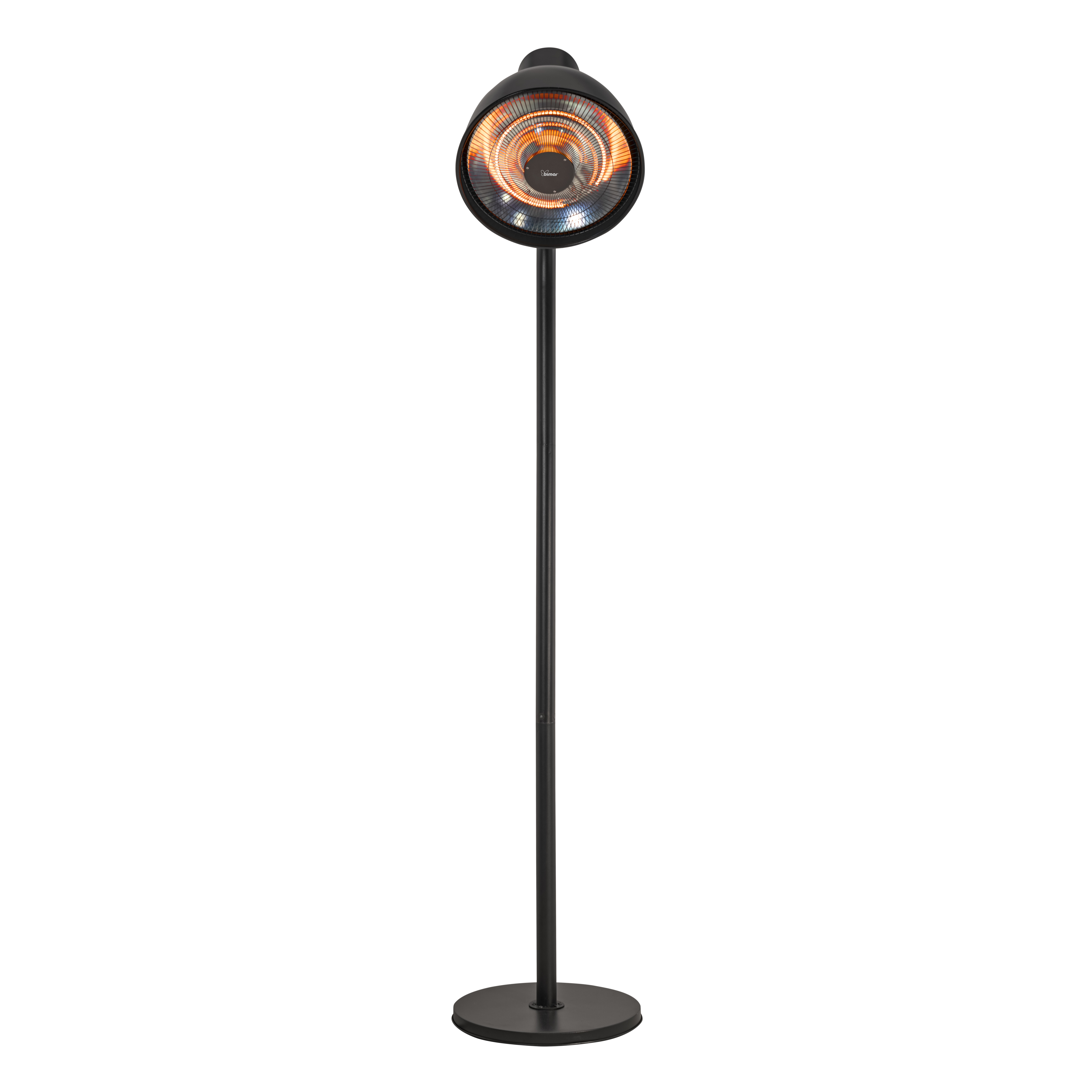 Riscaldatore da esterno nero, a pavimento, con testa circolare illuminata. Il riscaldatore è su sfondo bianco.