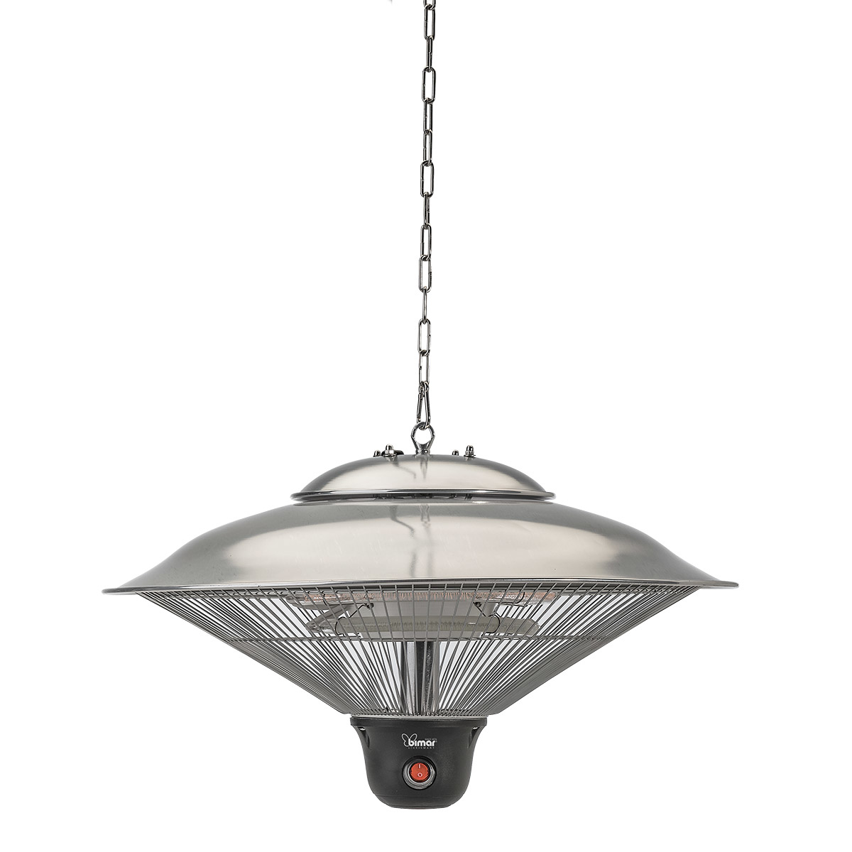 Riscaldatore a sospensione a forma di lampada, colore argento, con catena.