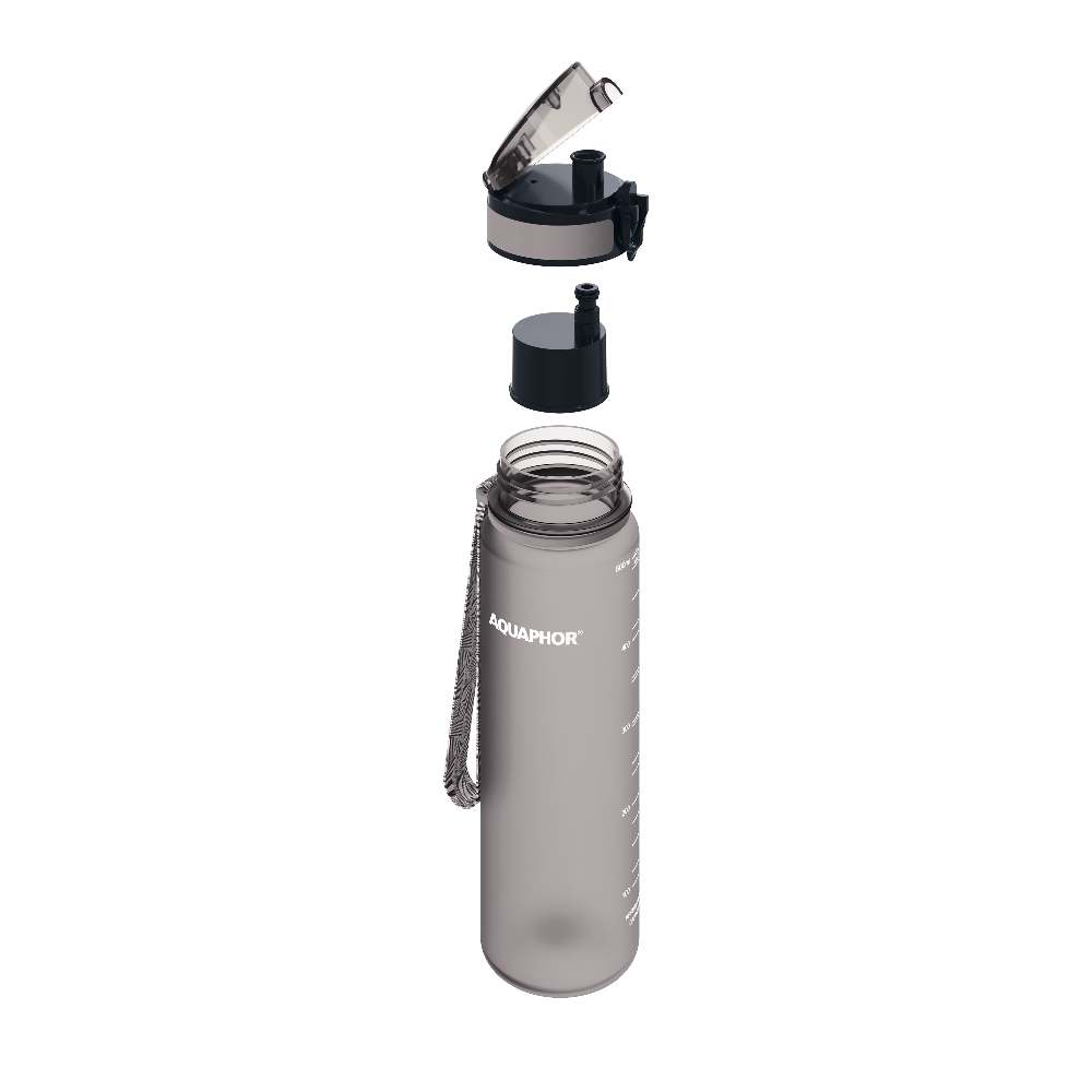 Wasserflasche, zerlegt. Kappe, Deckel und Flasche werden separat angezeigt. Die Flasche ist grau und klar.