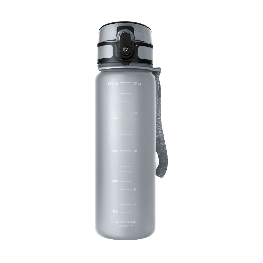 Graue Wasserflasche mit schwarzem Deckel, Markierungen für die Kapazität und einem grauen Riemen.
