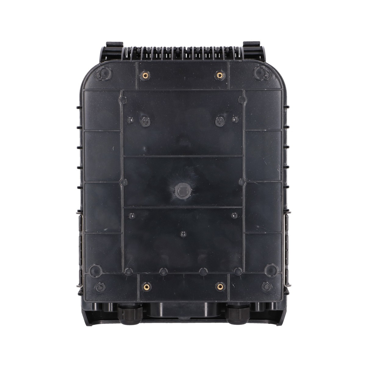 Czarny prostokątny pojemnik. Widok od spodu. Białe tło.