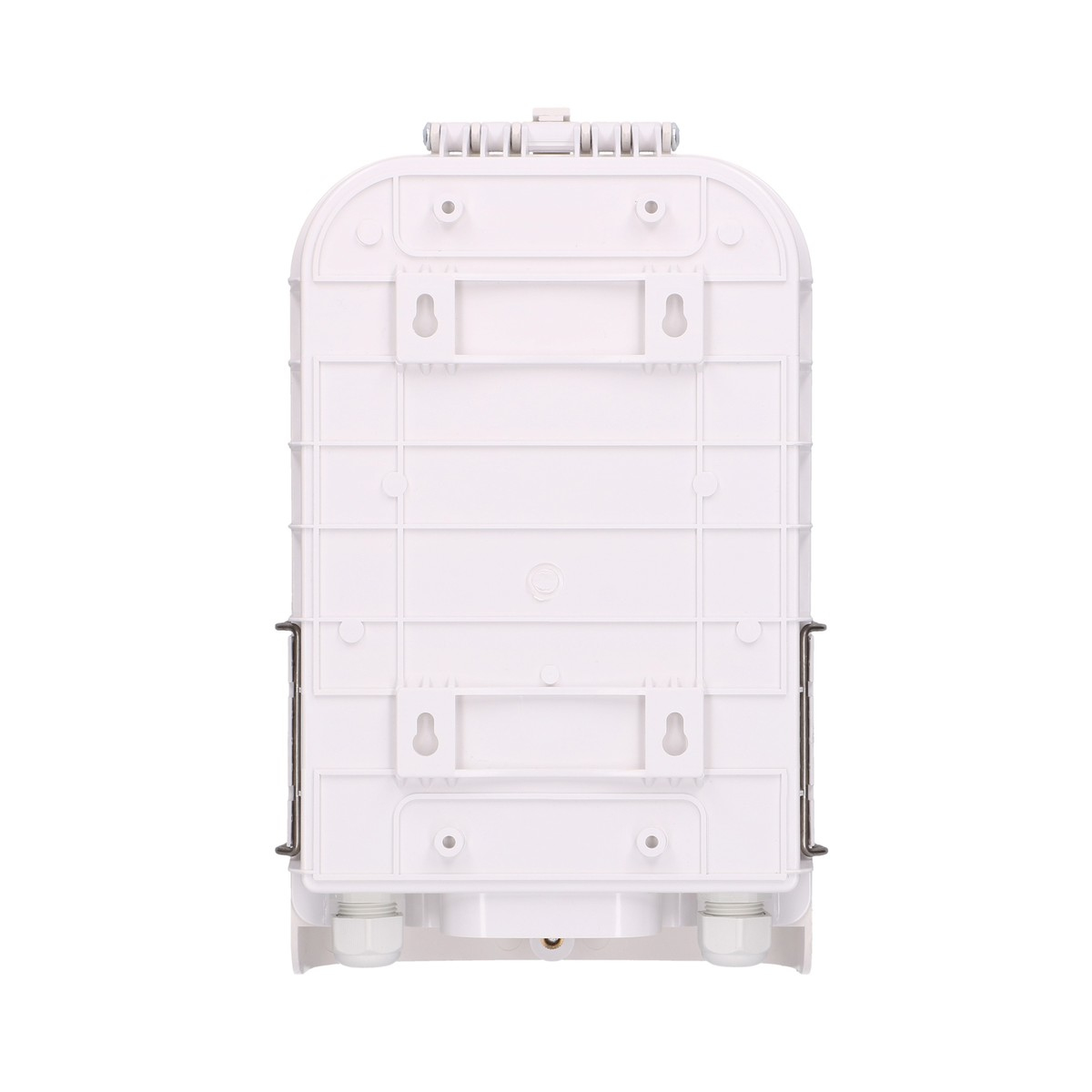 Białe, prostokątne urządzenie z wzorami siatki i punktami montażowymi, widok z tyłu.