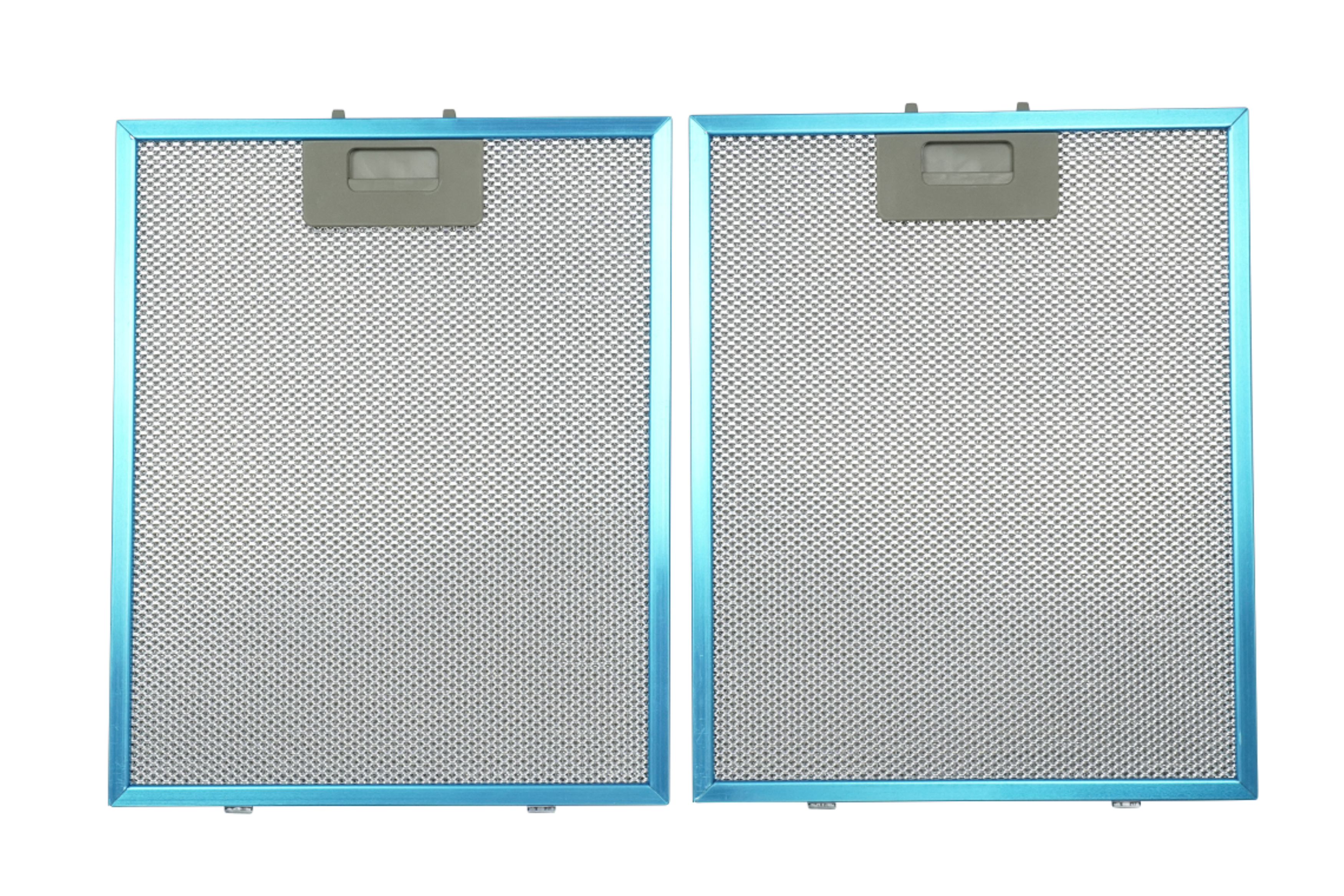 Dwa niebieskie filtry powietrza z metalową siatką.