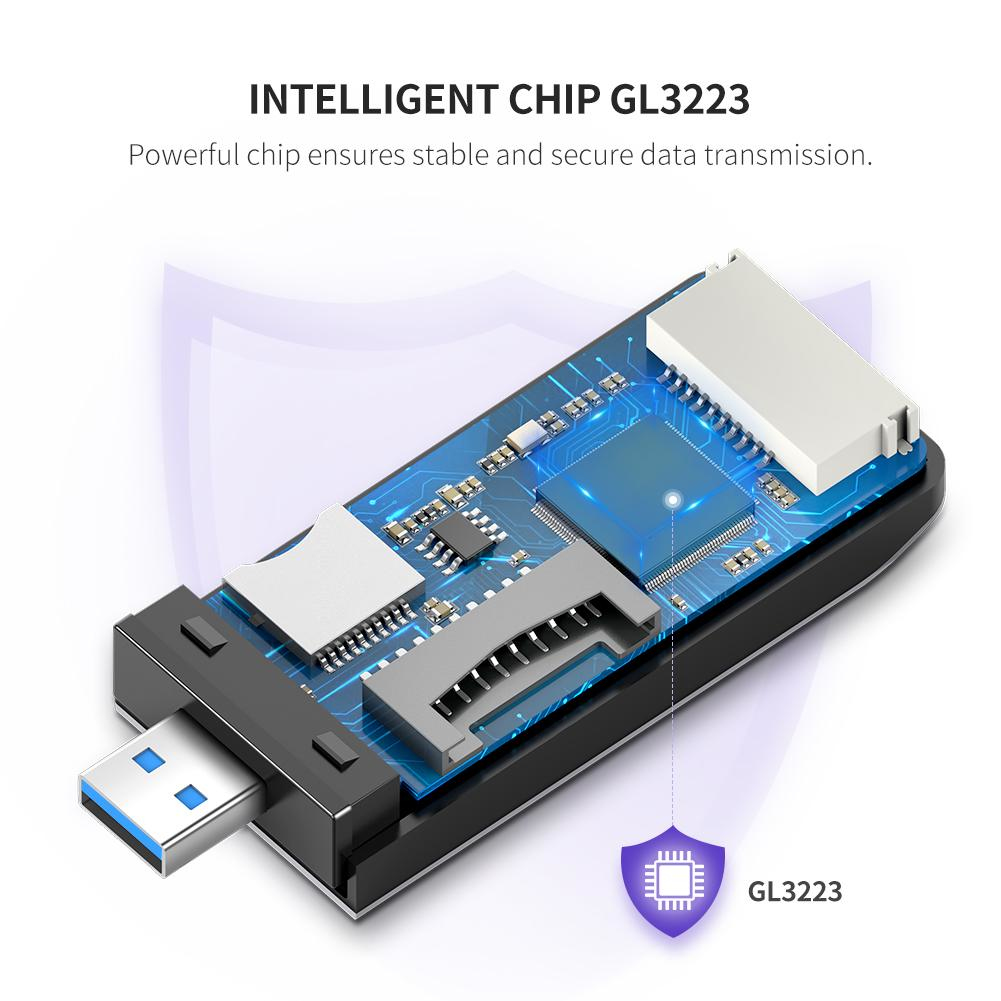 Adapter USB do karty SD z napisem 'INTELLIGENT CHIP GL3223'. Urządzenie jest niebieskie i czarne.