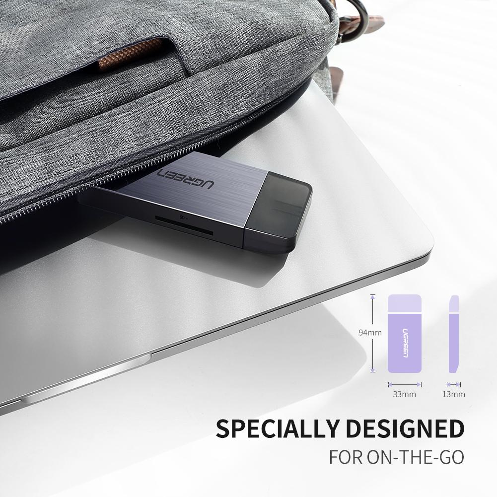 Czytnik kart i laptop w torbie, z tekstem wskazującym, że produkt jest przeznaczony do użytku w podróży.