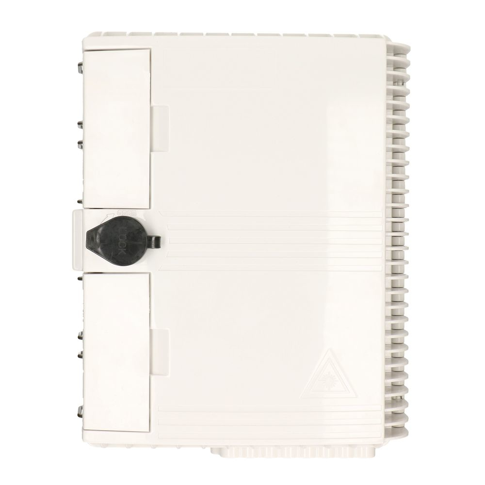 Białe prostokątne pudełko z czarną blokadą i symbolem trójkąta. Białe tło.