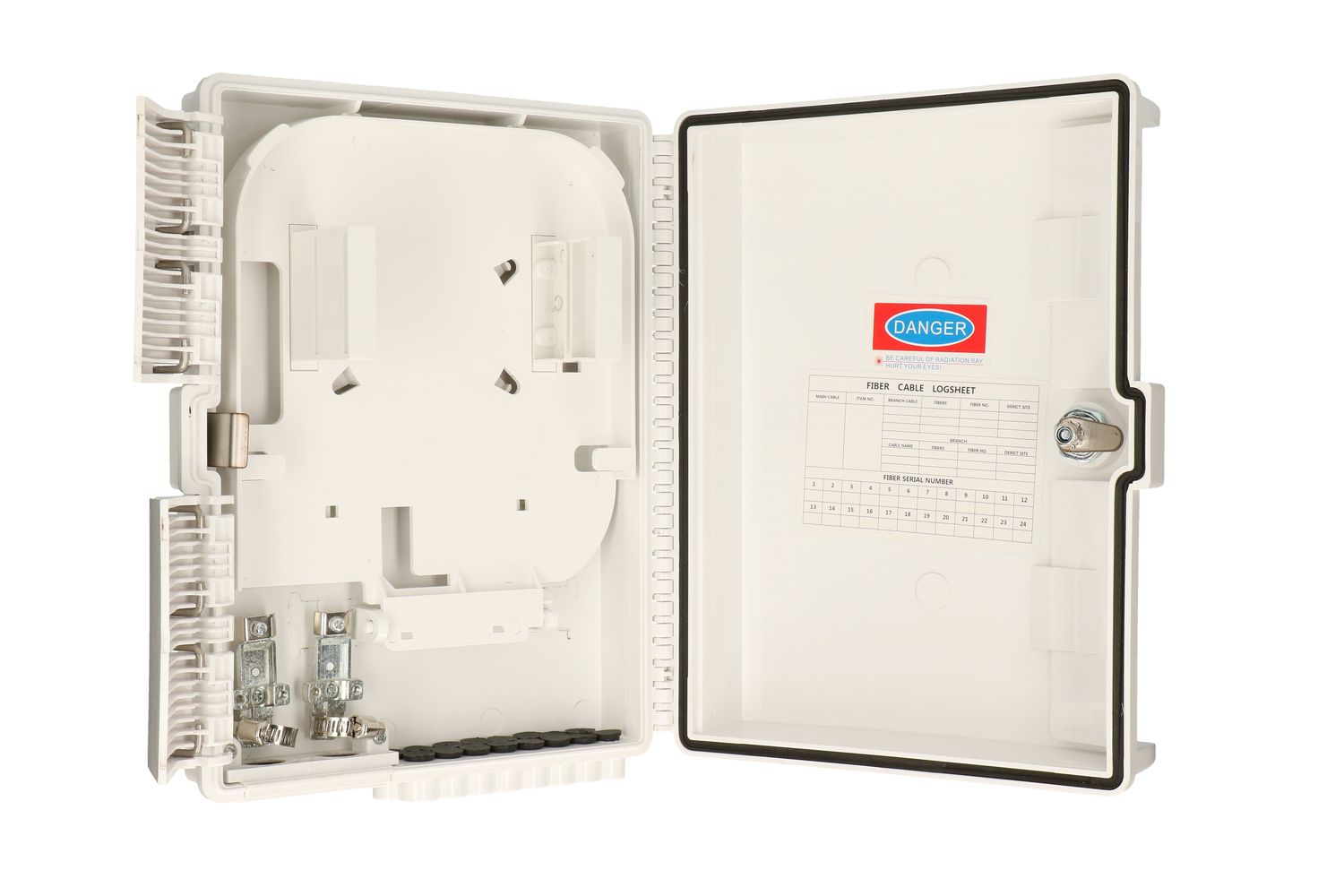Białe, otwarte pudełko z komponentami, oznaczone 'Danger' i 'Fiber Cable Logsheet'.