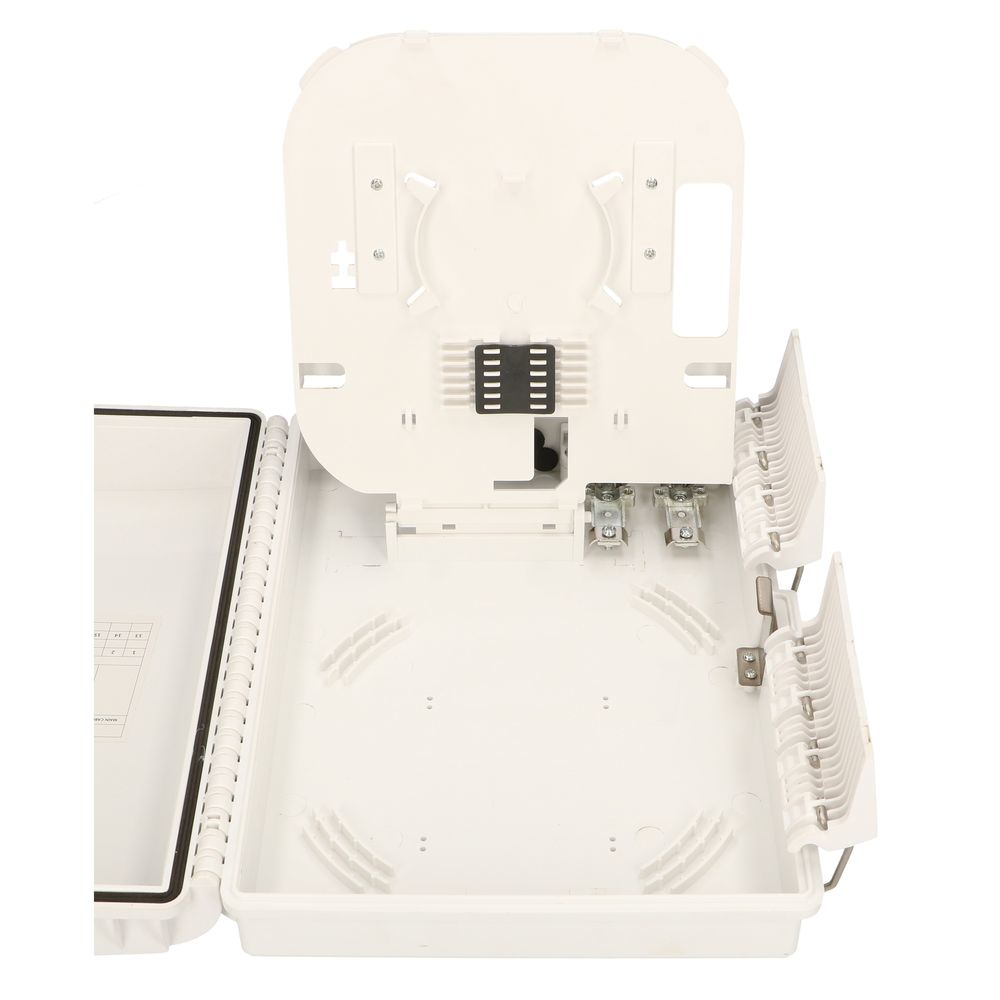 Białe pudełko z wewnętrznymi komponentami, w tym wspornikami i czarnym złączem.