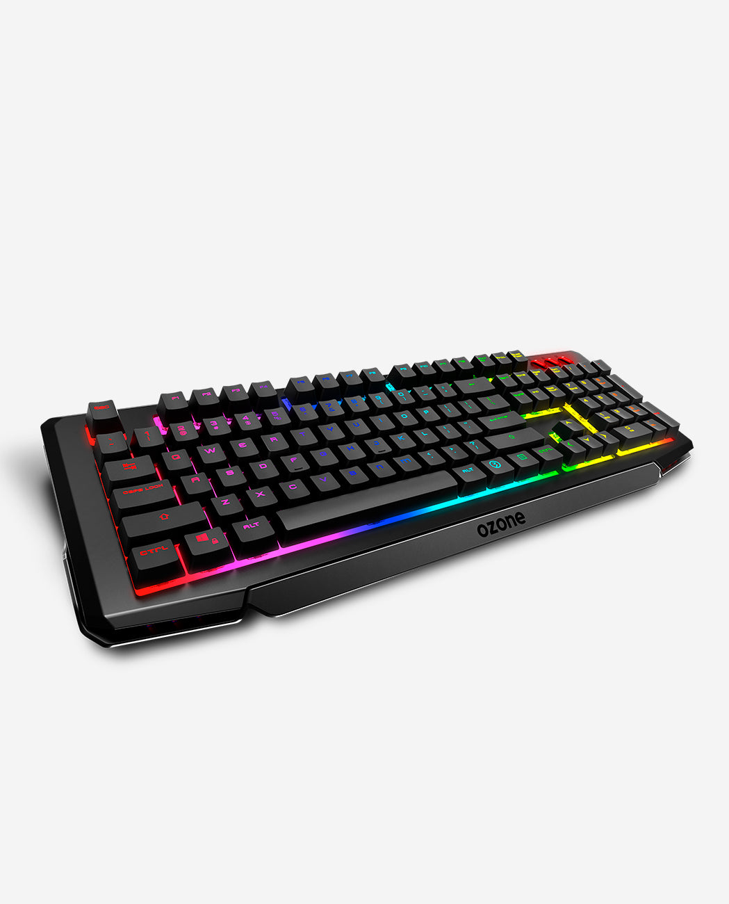 Un teclado para juegos Ozone negro con luces de colores arcoíris. Las teclas son negras y tienen letras.