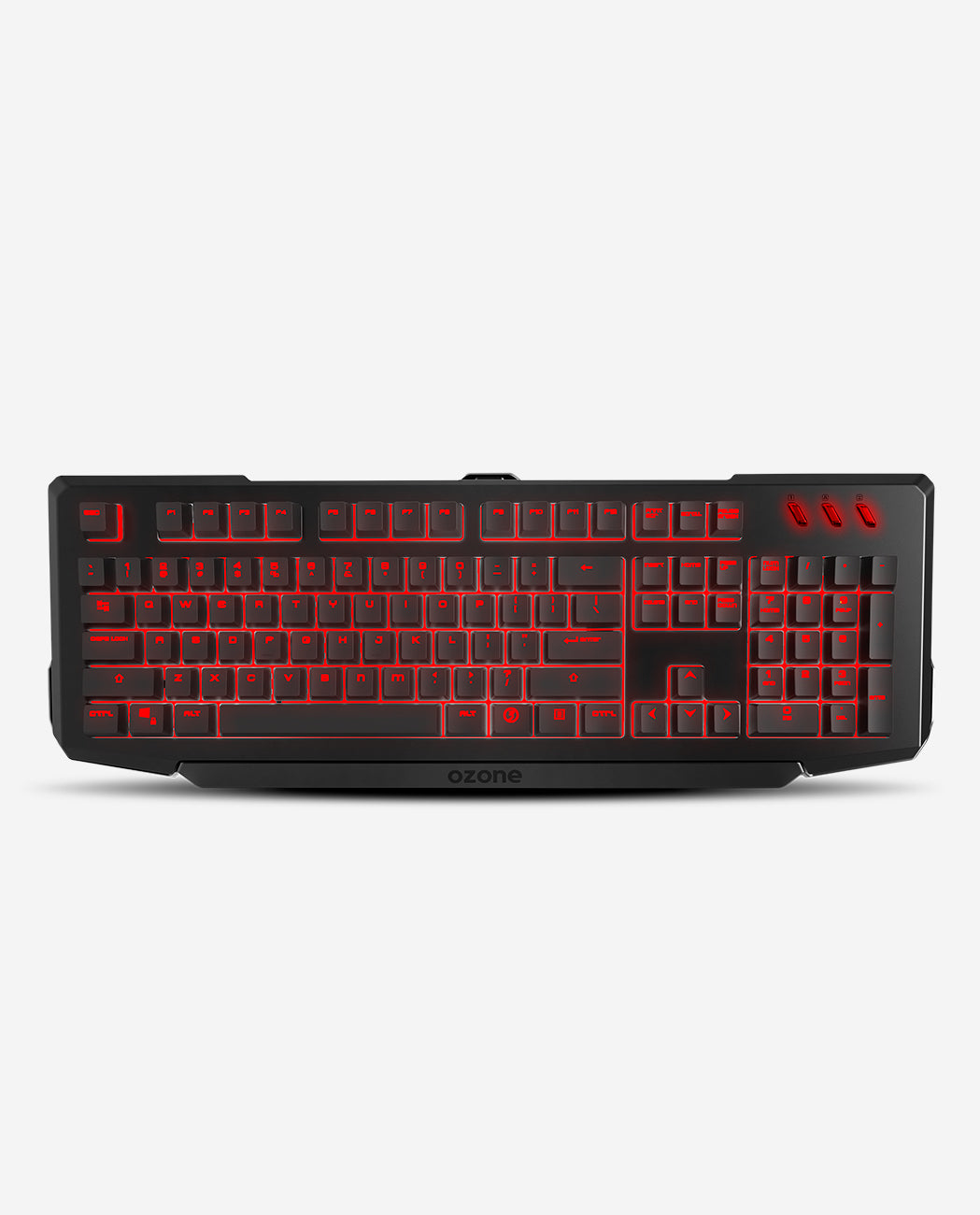 Un teclado para juegos negro con retroiluminación roja. Las teclas están iluminadas.