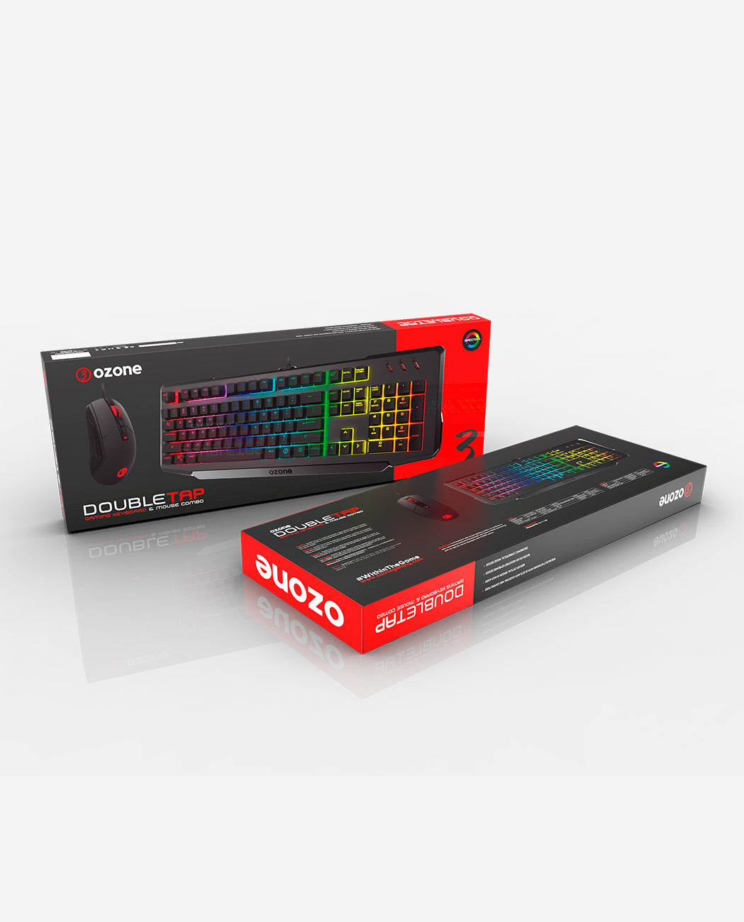 Dos cajas de juegos de teclado y ratón. Una caja muestra un teclado con luces de colores.
