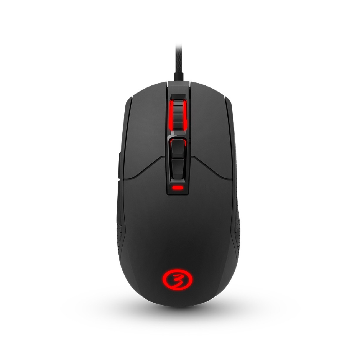 Un ratón de juego negro con detalles rojos y logo, sobre una superficie blanca.