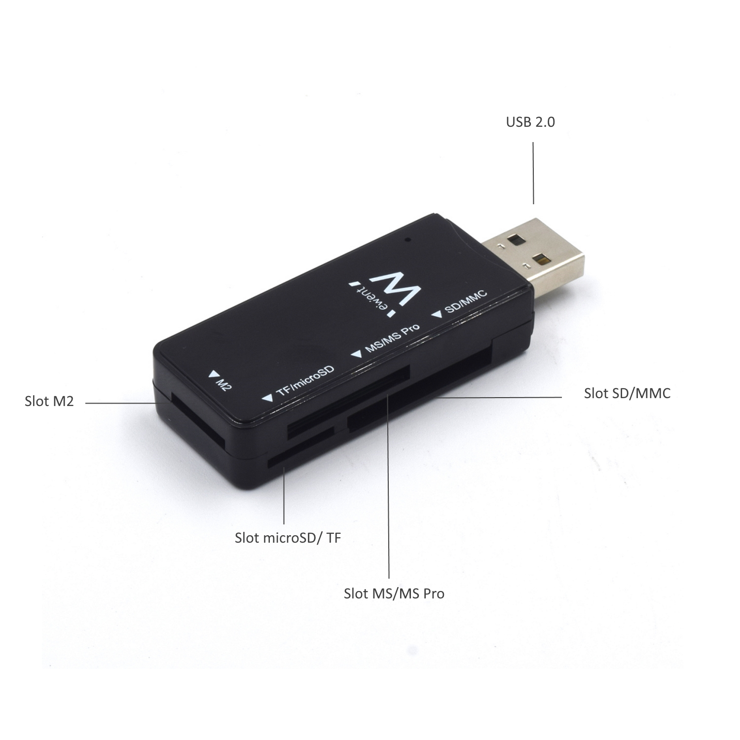 Czarny czytnik kart z USB 2.0, oznaczone gniazda dla kart M2, TF, MS/MS Pro i SD/MMC.