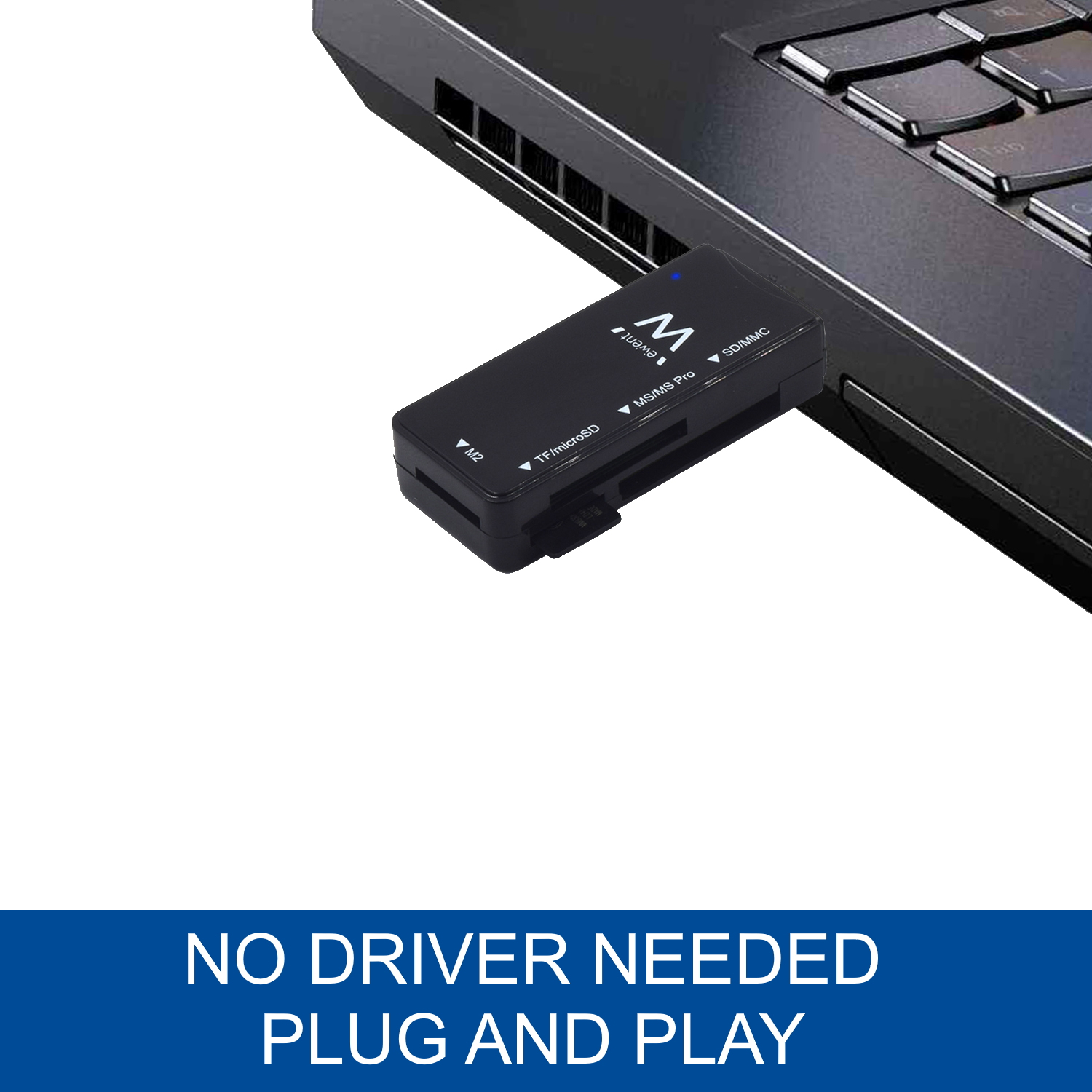 Czarny czytnik kart podłączony do laptopa. Tekst na dole: 'NO DRIVER NEEDED PLUG AND PLAY'.