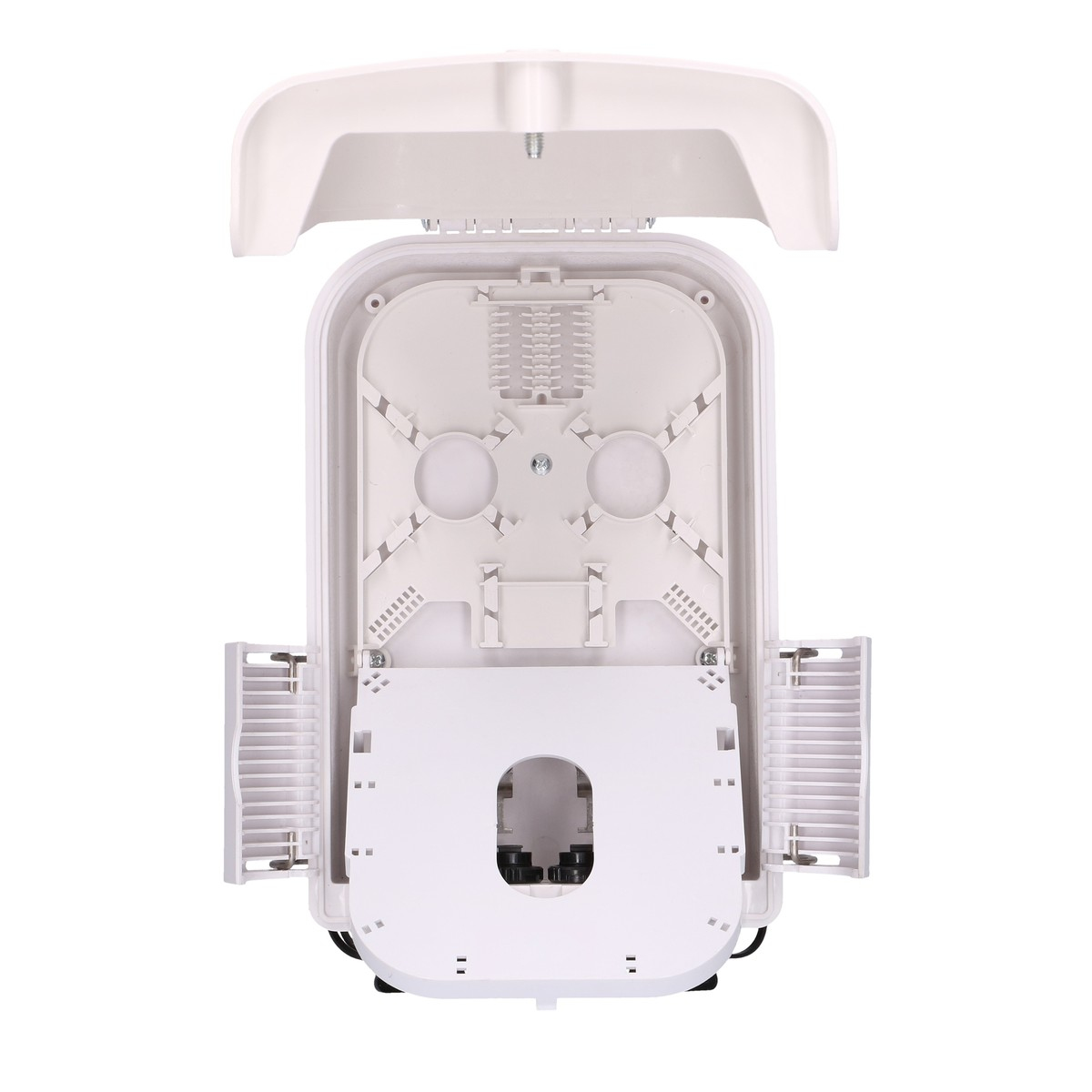 Otwarta biała skrzynka zaciskowa światłowodu, ujawniająca elementy wewnętrzne i połączenia.