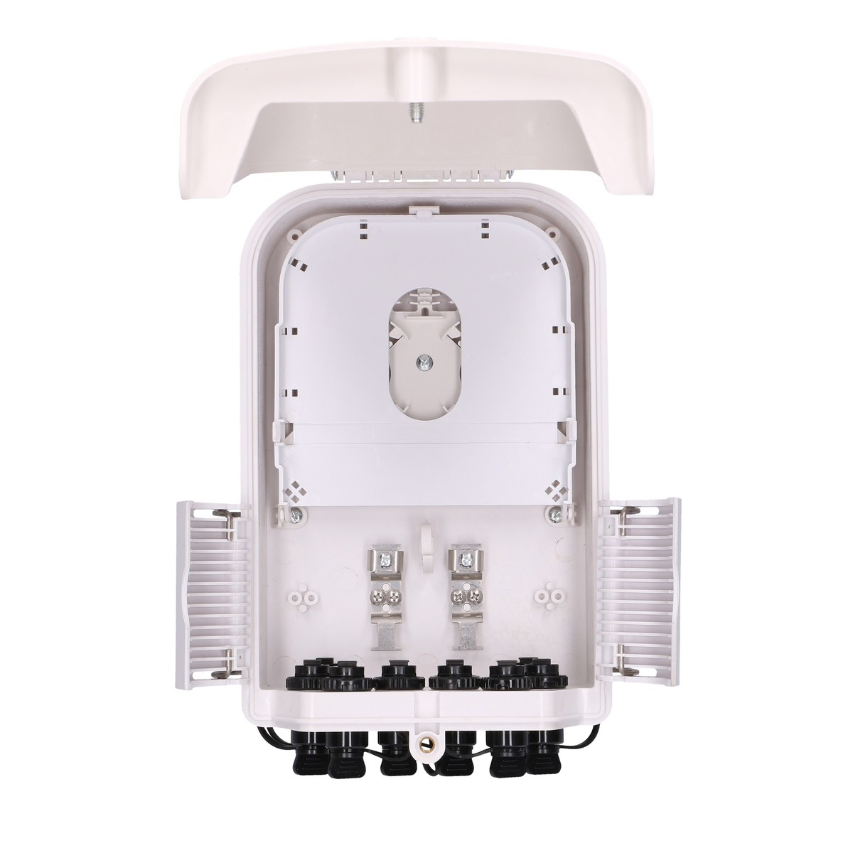 Otwarta biała skrzynka z komponentami w środku. Górna pokrywa otwarta. Czarne złącza na dole.