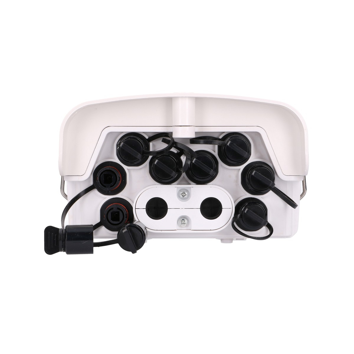 Białe urządzenie z czarnymi otworami i połączeniami oraz czarnymi zaślepkami, prawdopodobnie do sieci.