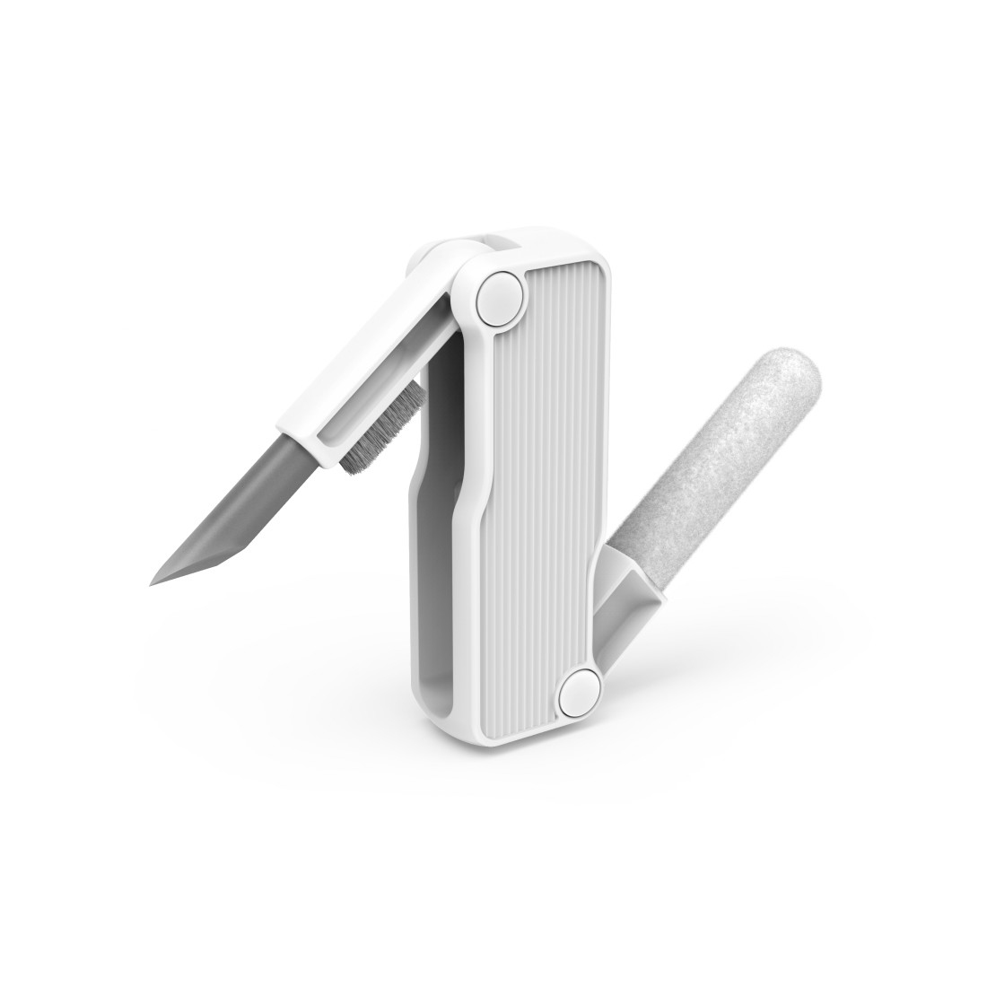 Białe narzędzie z ostrzem i szczotką, a także szary pilnik.