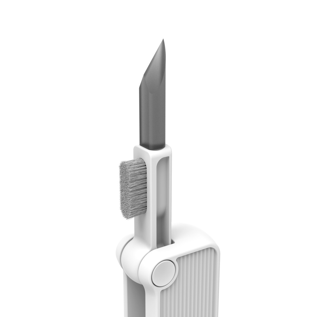 Białe narzędzie z ostrzem i szczotką na białym tle.