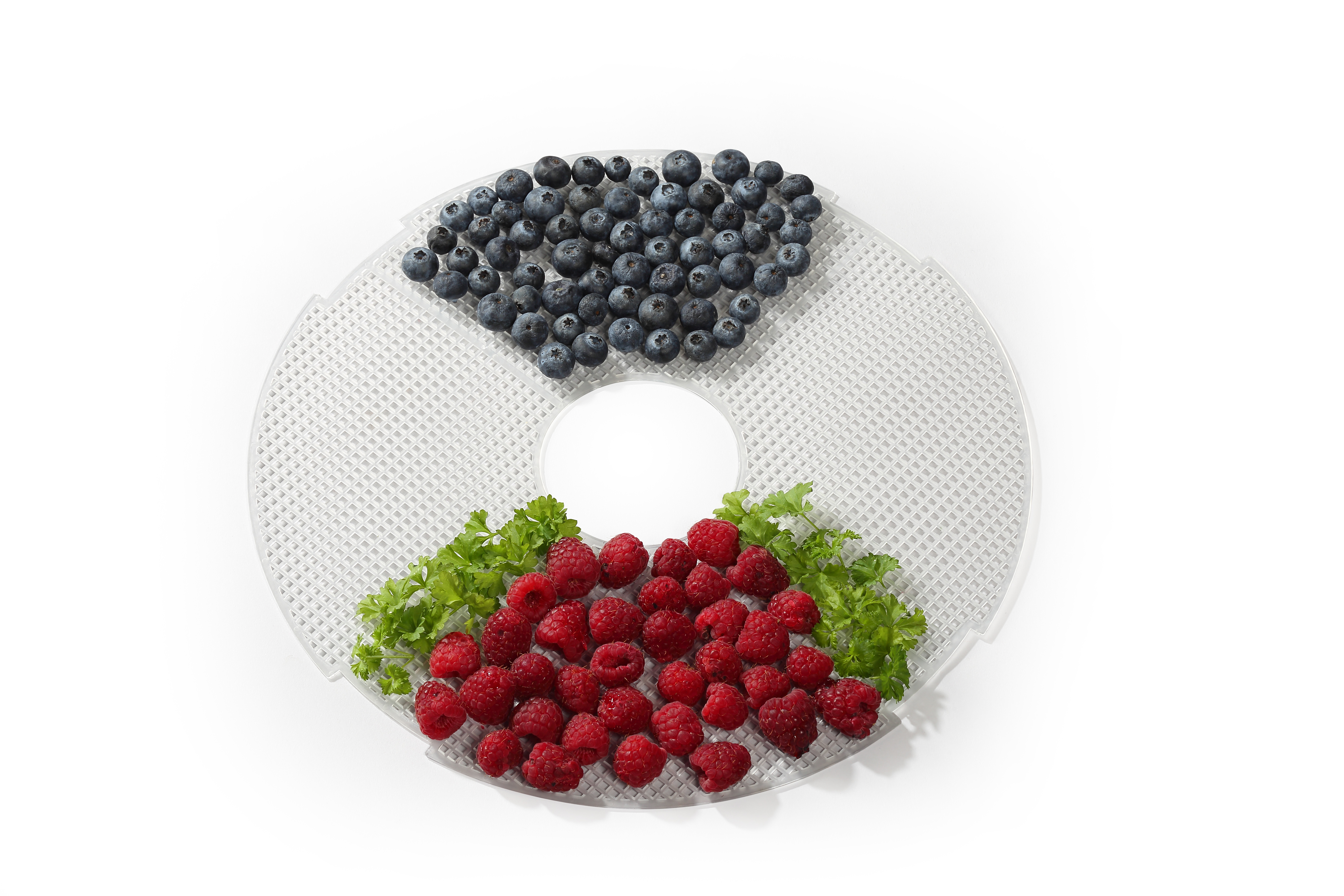 Weiße Schale mit Blaubeeren und Himbeeren auf weißem Untergrund.