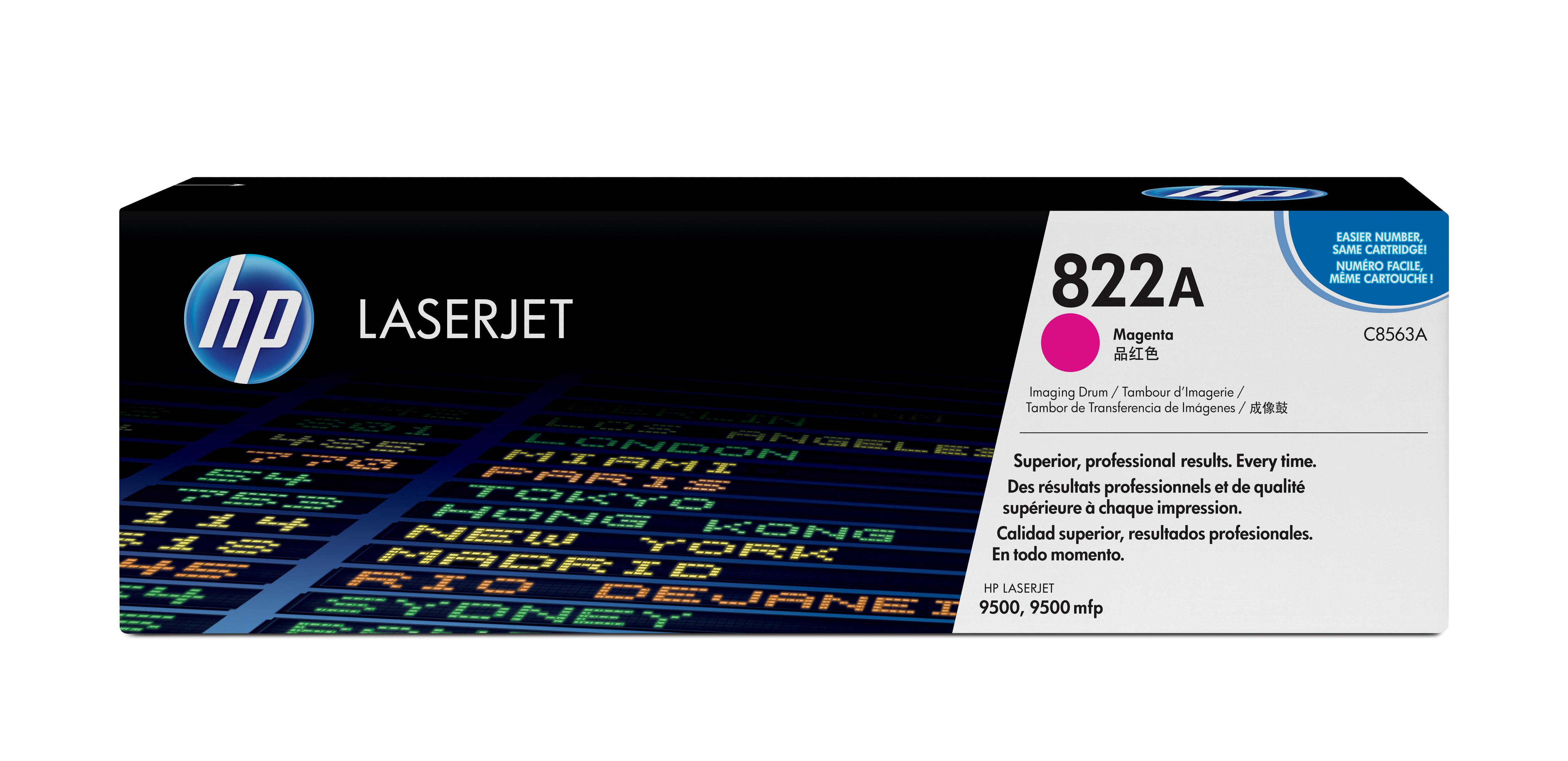 Pudełko z tonerem magenta HP LaserJet 822A z tekstem i obrazami.