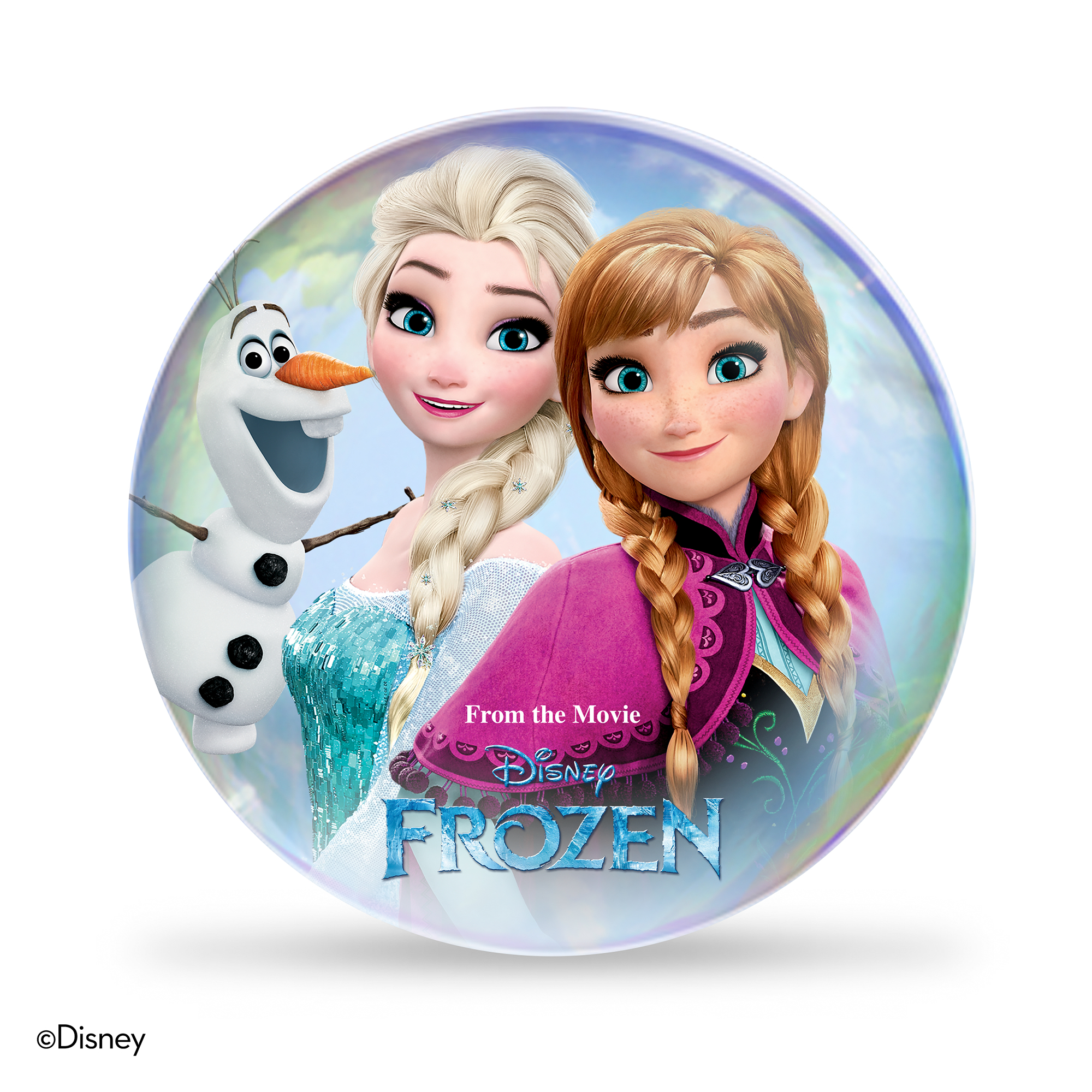 Disney Frozen Bild, zwei Mädchen und ein Schneemann in einer Blase.