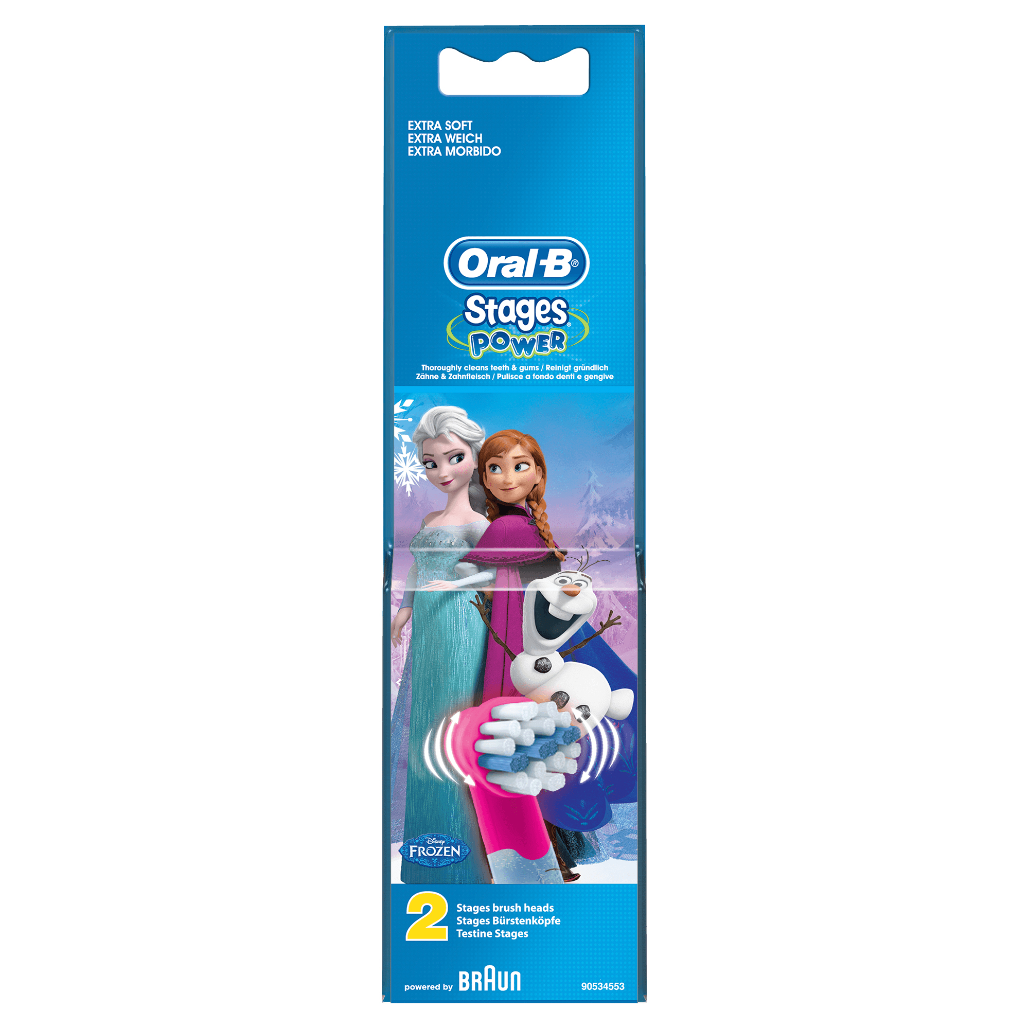 Eine Oral-B Stages Power Zahnbürstenkopfverpackung mit Disney Frozen.