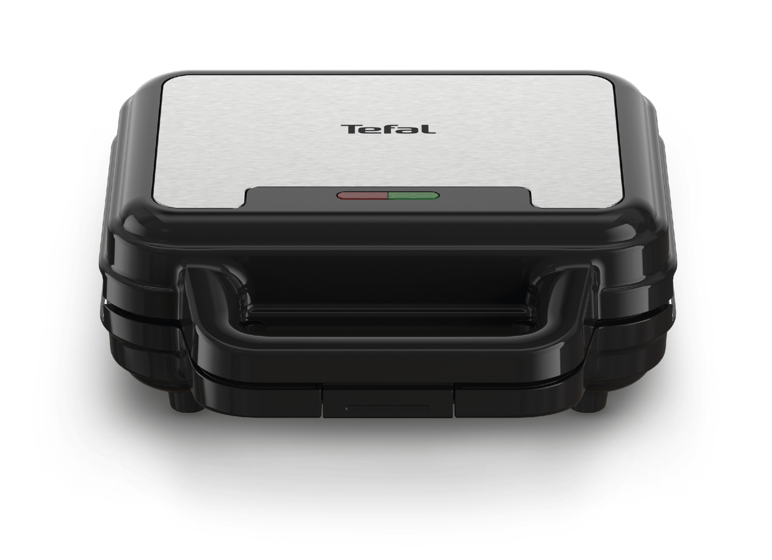 A black Tefal sandwich maker on a white background. It has a silver top and a handle.
