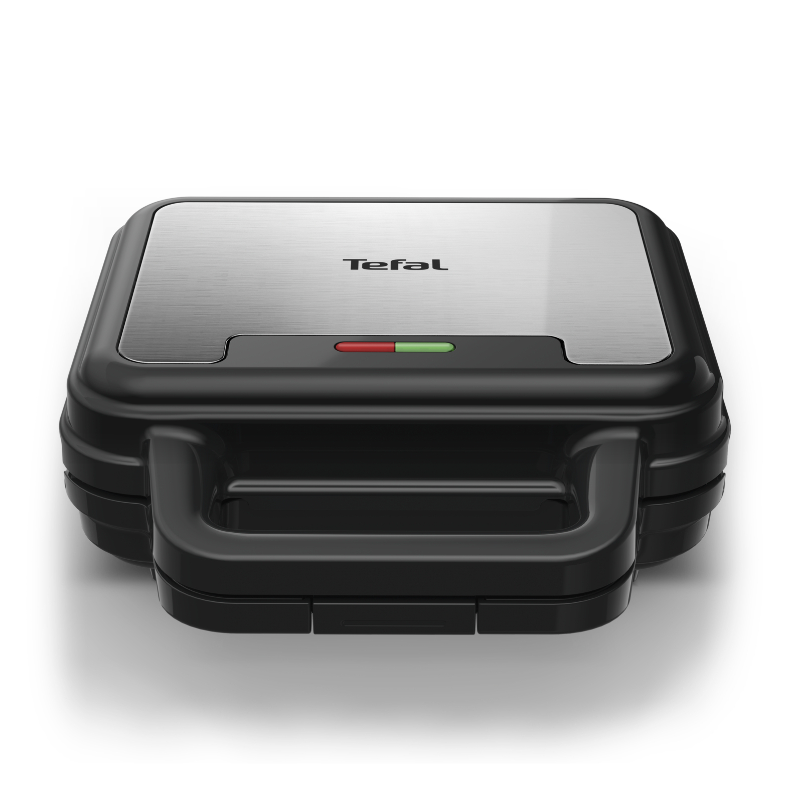 A black Tefal sandwich maker with a silver top and a handle. It has red and green lights.