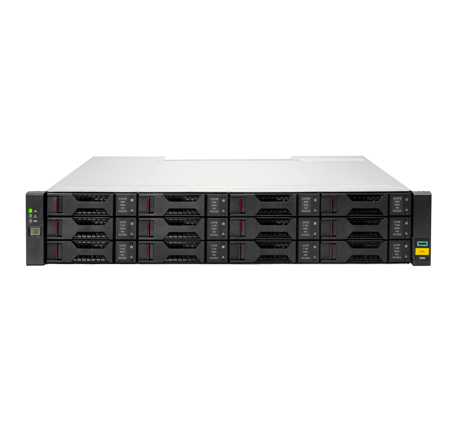 Rack server con più vani per dischi rigidi, pannello frontale nero, parte superiore bianca.
